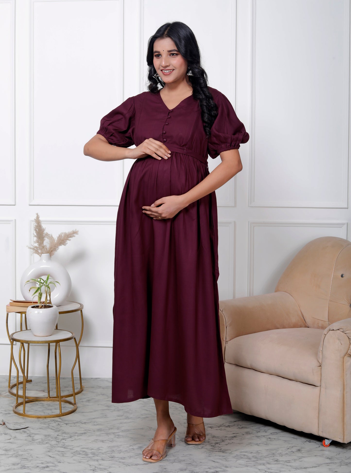 Regular Size Purple Solid Print Flared Maternity Gown-1400002