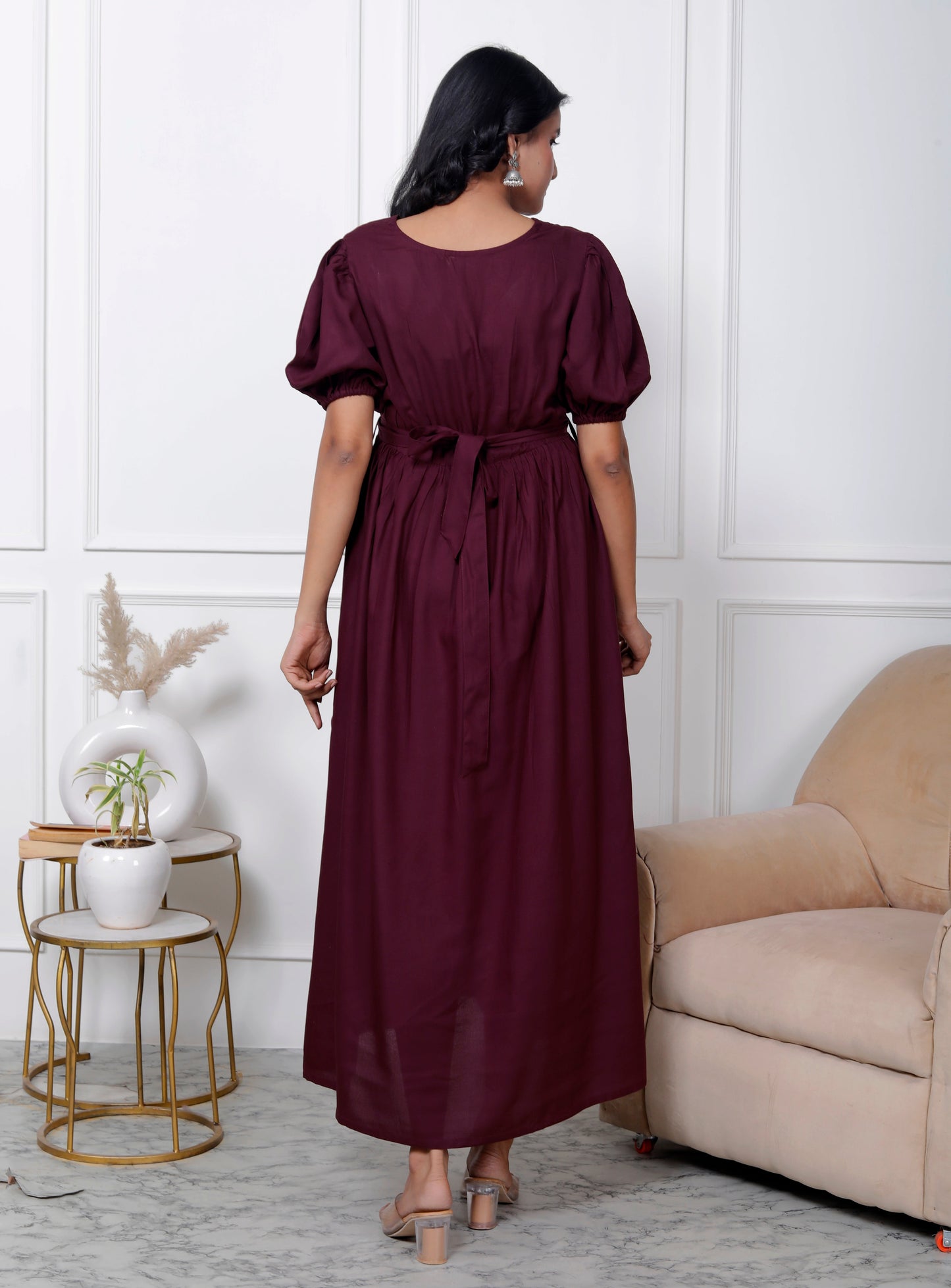 Regular Size Purple Solid Print Flared Maternity Gown-1400002