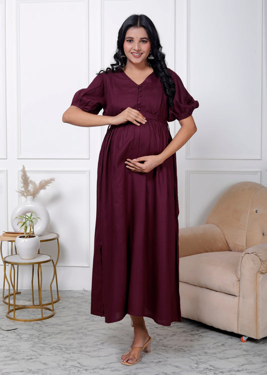 Regular Size Purple Solid Print Flared Maternity Gown-1400002