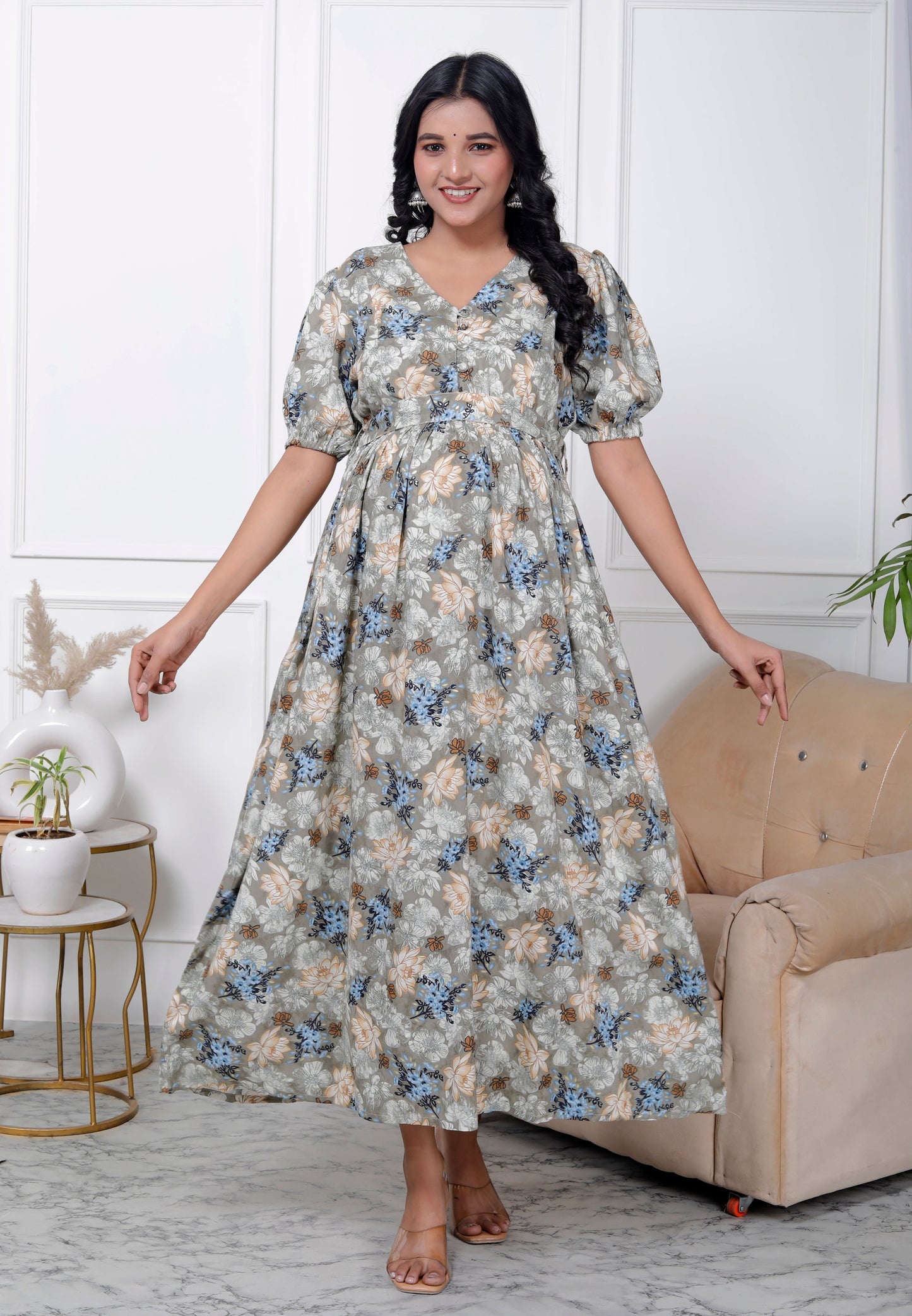 Regular Size Grey Floral Print Flared Maternity Gown-1400003