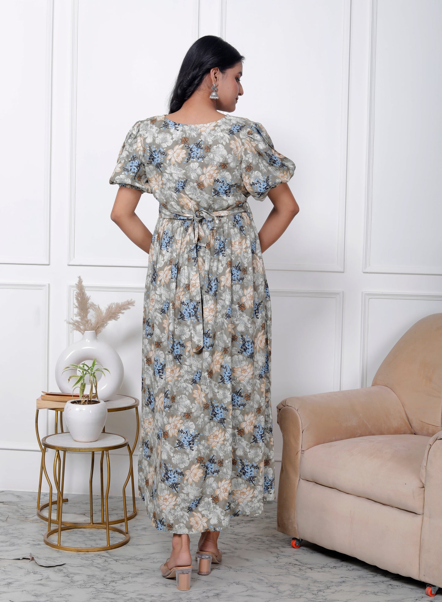 Regular Size Grey Floral Print Flared Maternity Gown-1400003