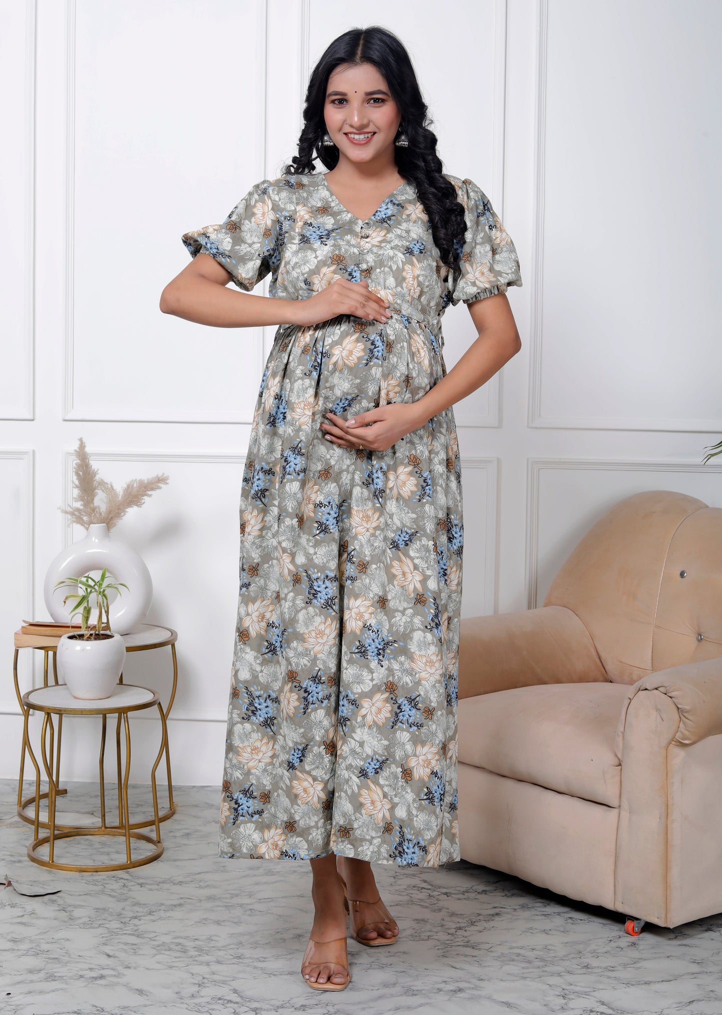 Regular Size Grey Floral Print Flared Maternity Gown-1400003