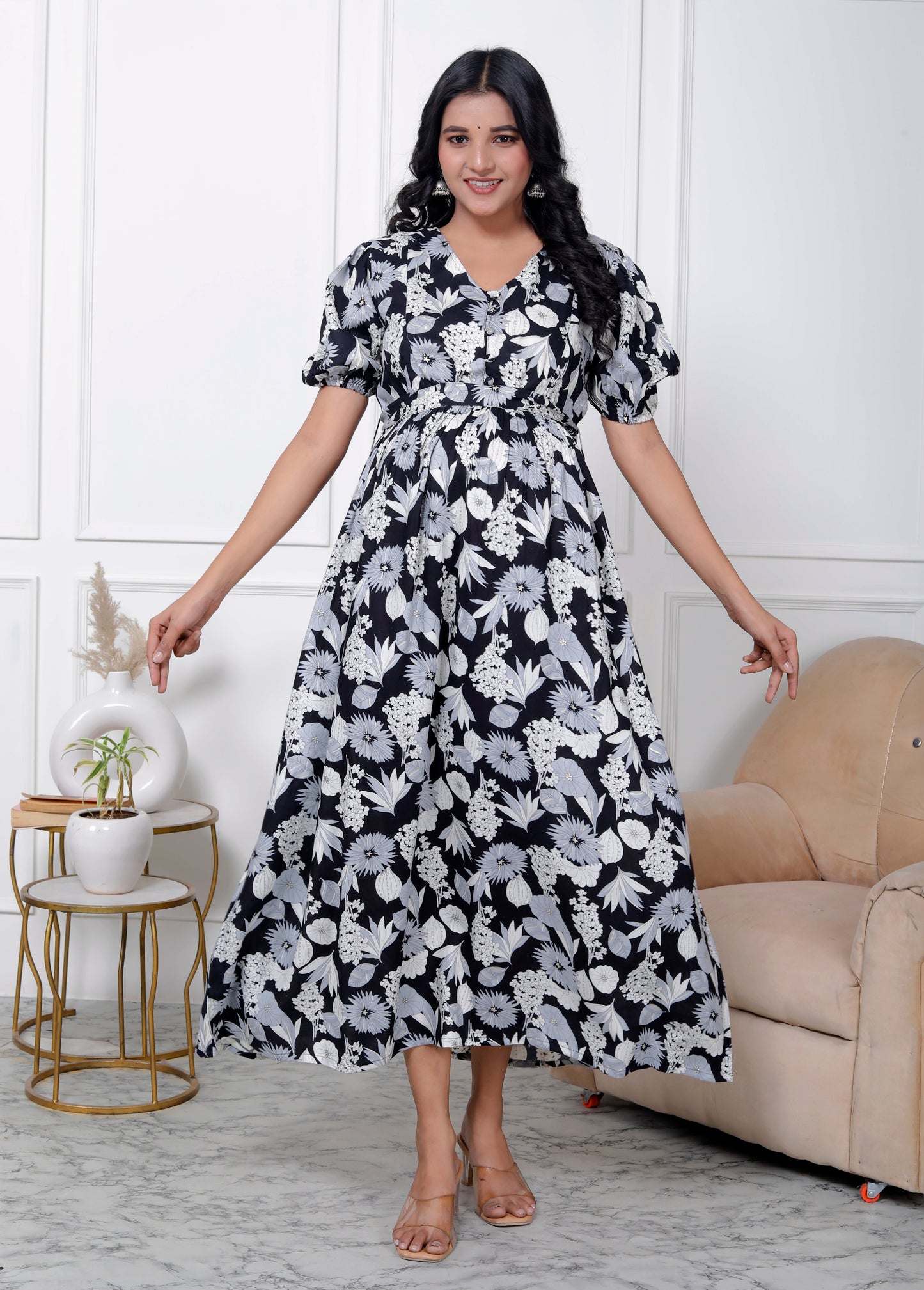 Regular Size Black Floral Print Flared Maternity Gown-1400004