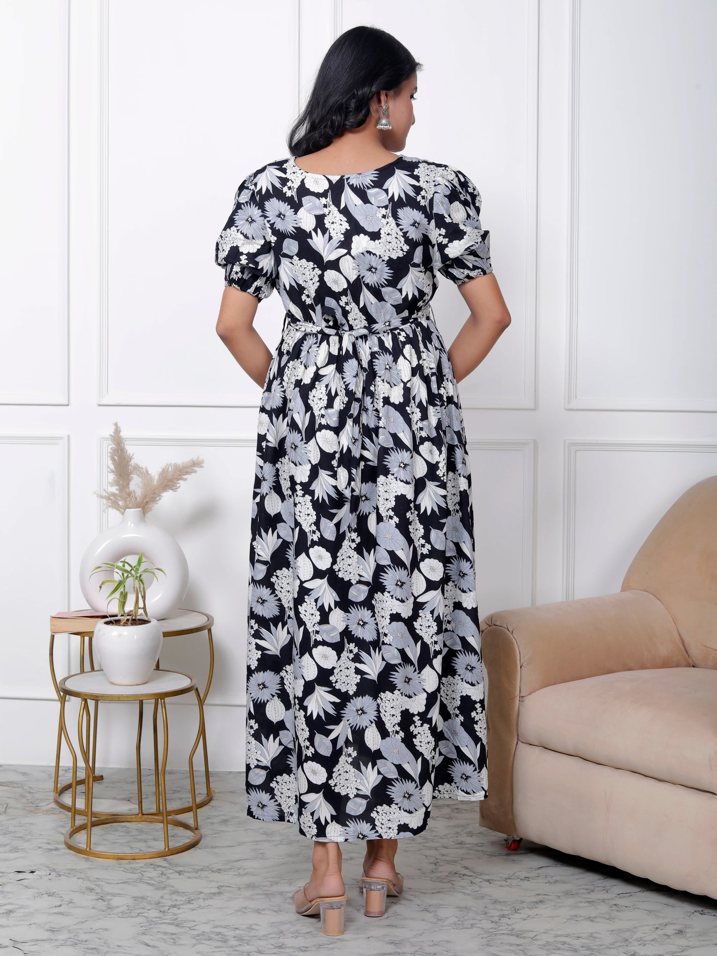 Regular Size Black Floral Print Flared Maternity Gown-1400004