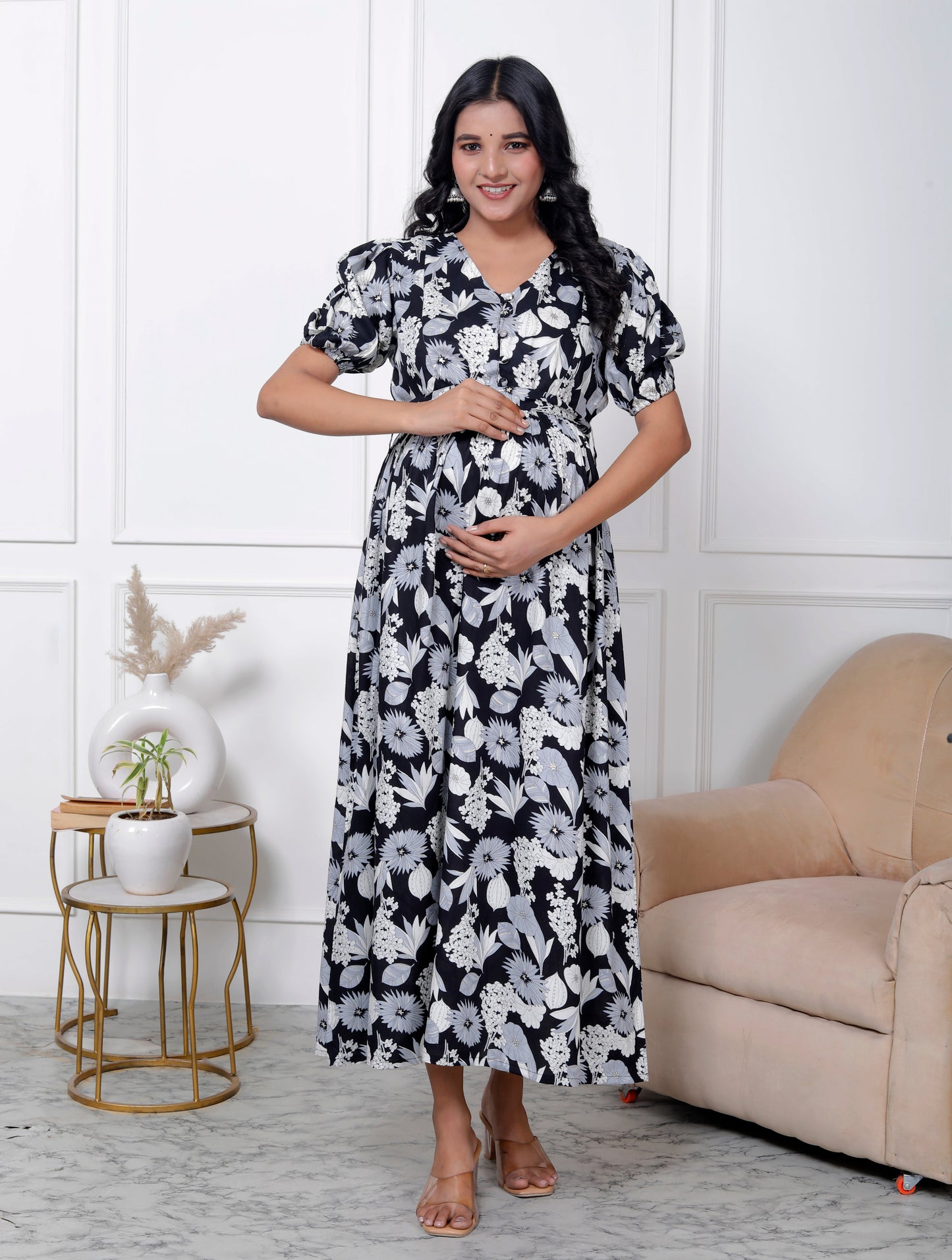 Regular Size Black Floral Print Flared Maternity Gown-1400004