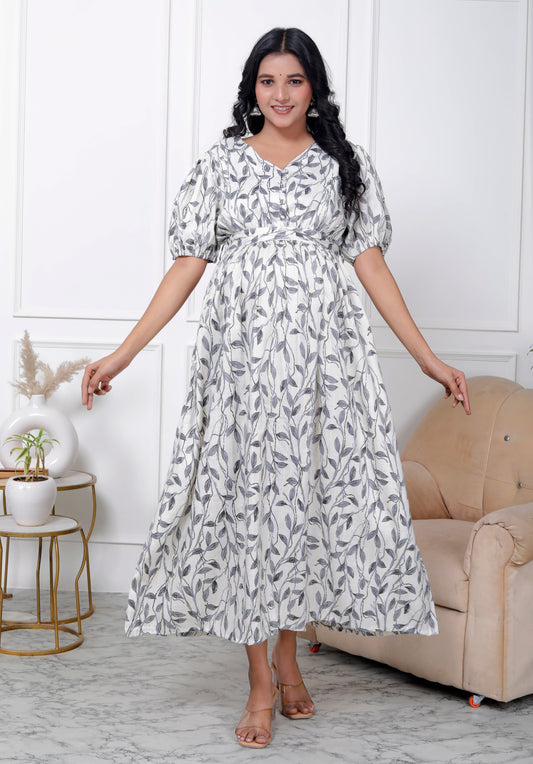 Regular Size White Floral Print Flared Maternity Gown-1400005