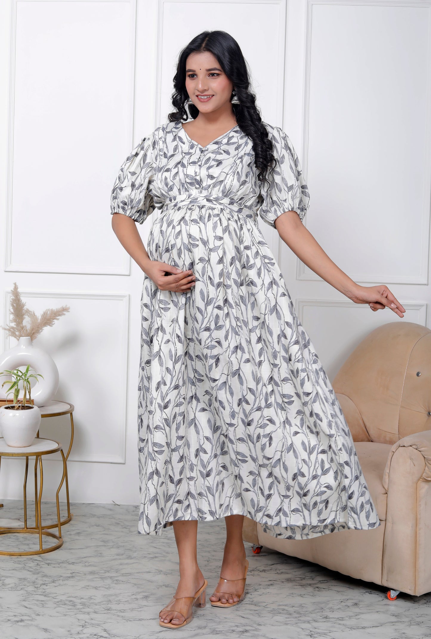 Regular Size White Floral Print Flared Maternity Gown-1400005