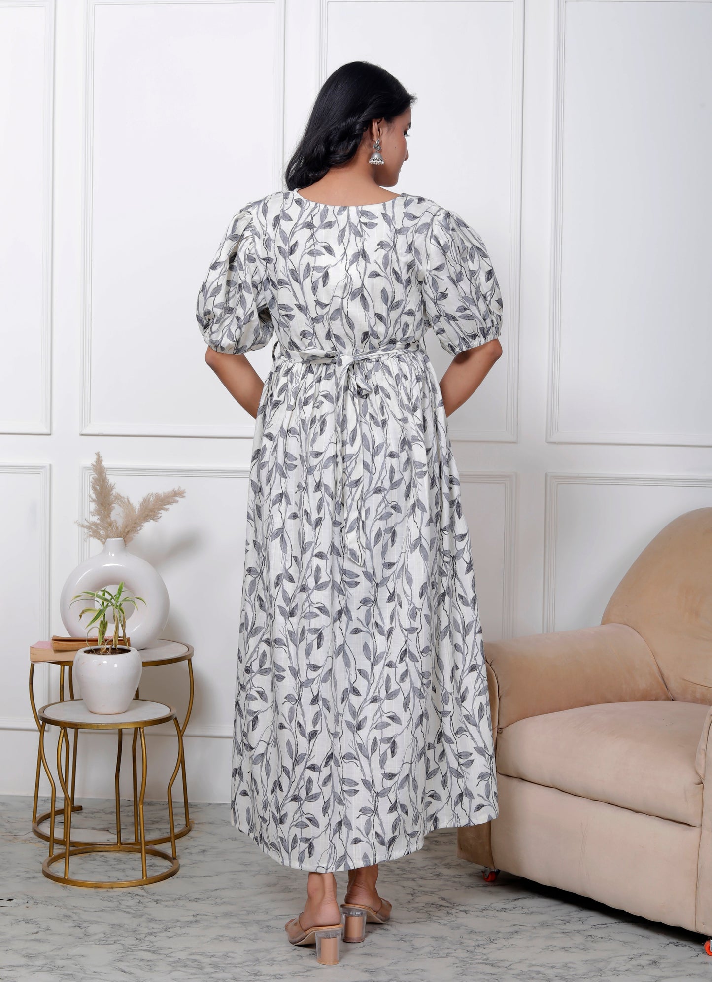 Regular Size White Floral Print Flared Maternity Gown-1400005