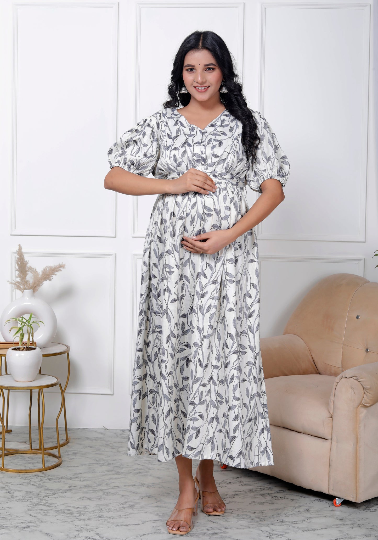 Regular Size White Floral Print Flared Maternity Gown-1400005