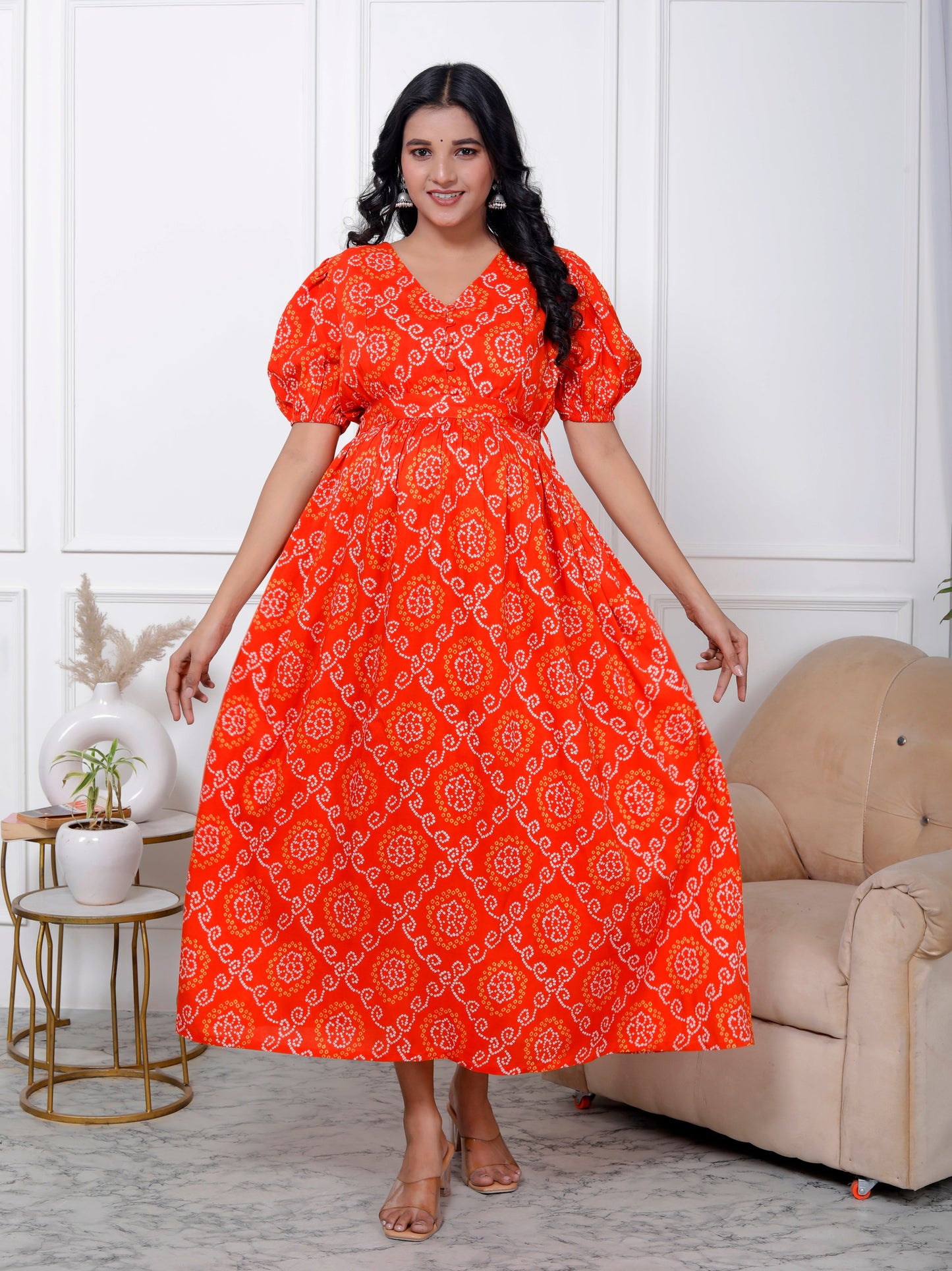 Regular Size Orange Bandhani Print Flared Maternity Gown-1400006