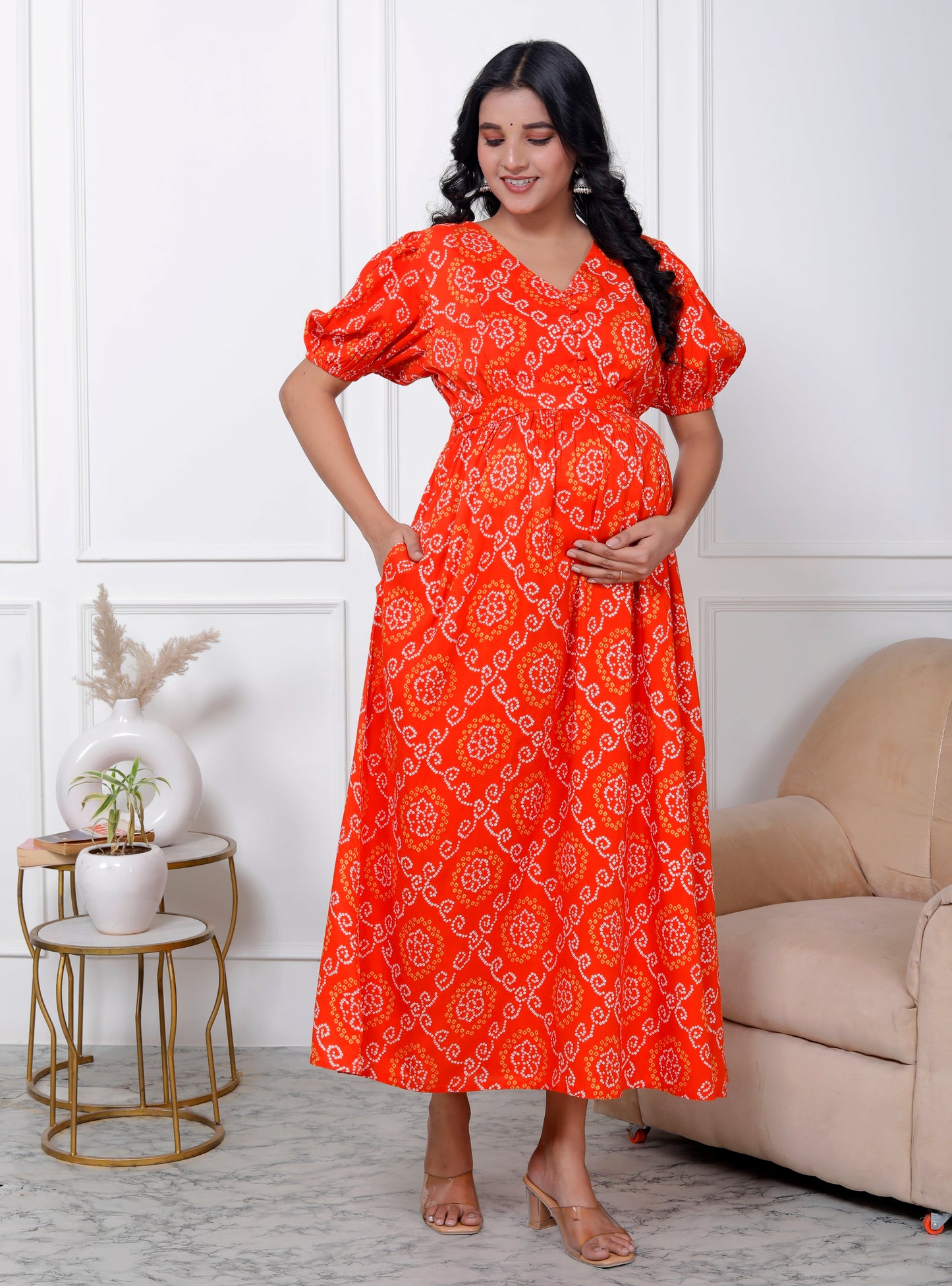 Regular Size Orange Bandhani Print Flared Maternity Gown-1400006