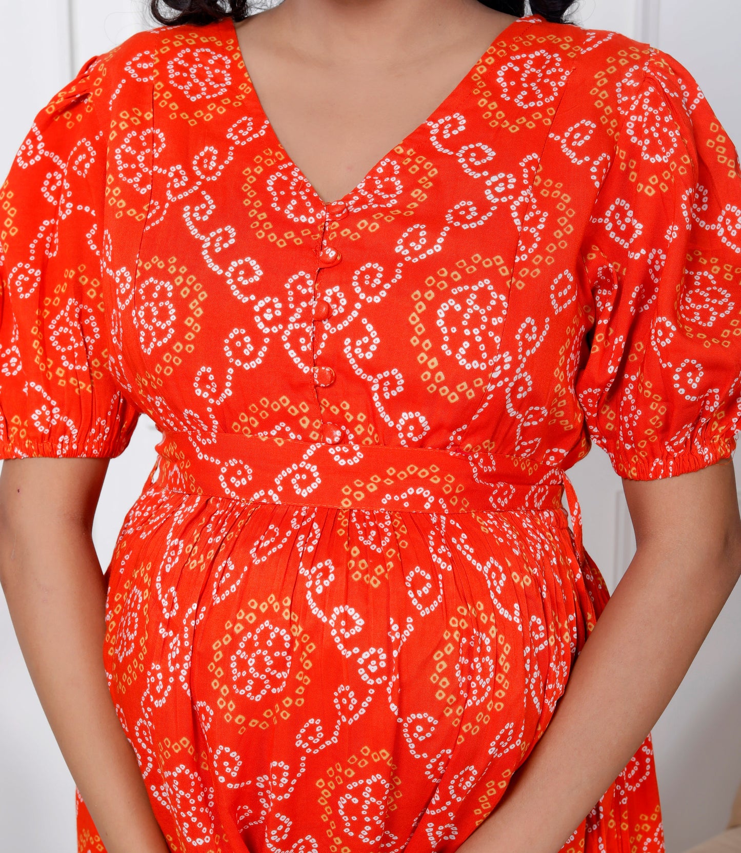 Regular Size Orange Bandhani Print Flared Maternity Gown-1400006