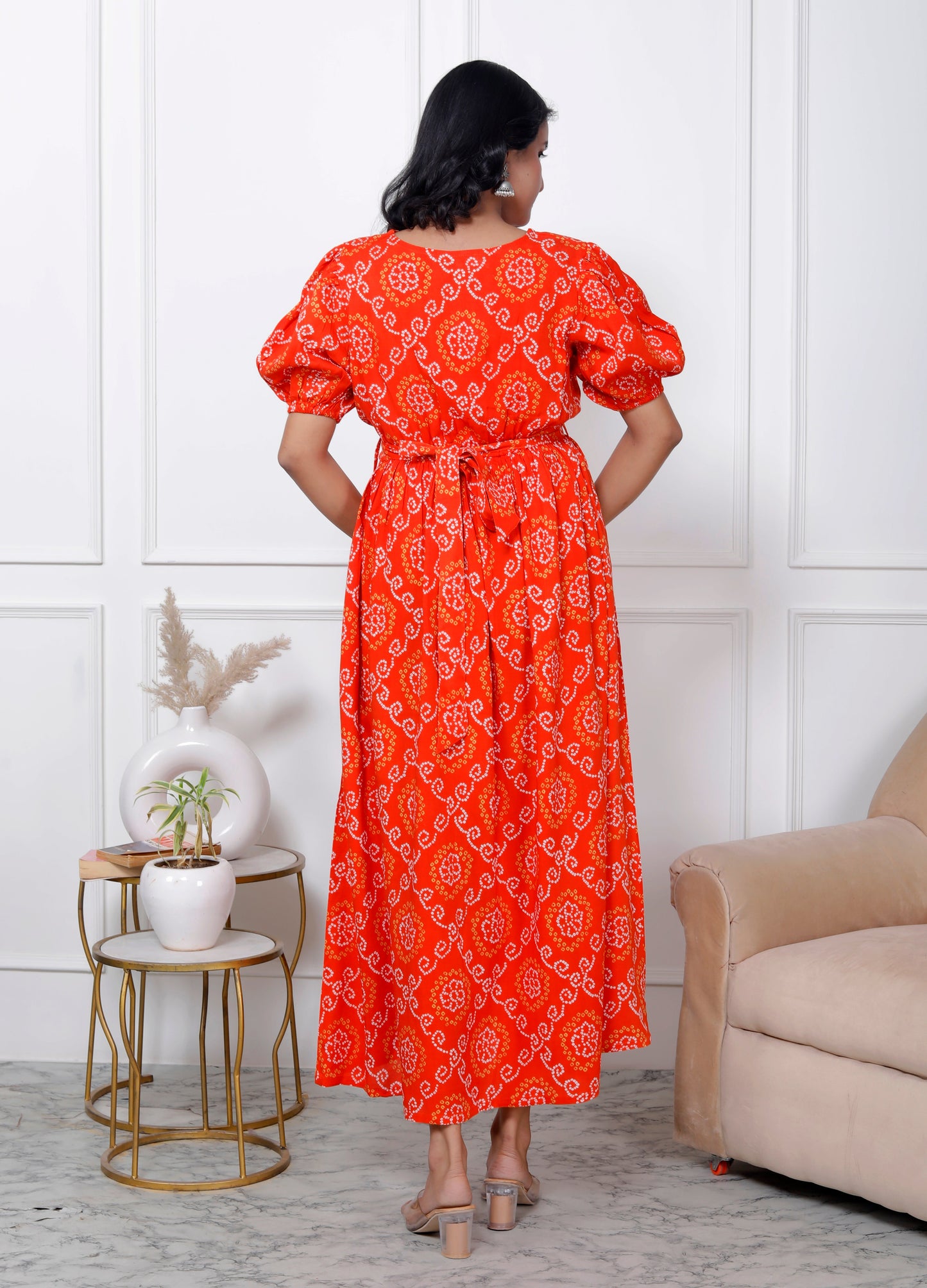 Regular Size Orange Bandhani Print Flared Maternity Gown-1400006