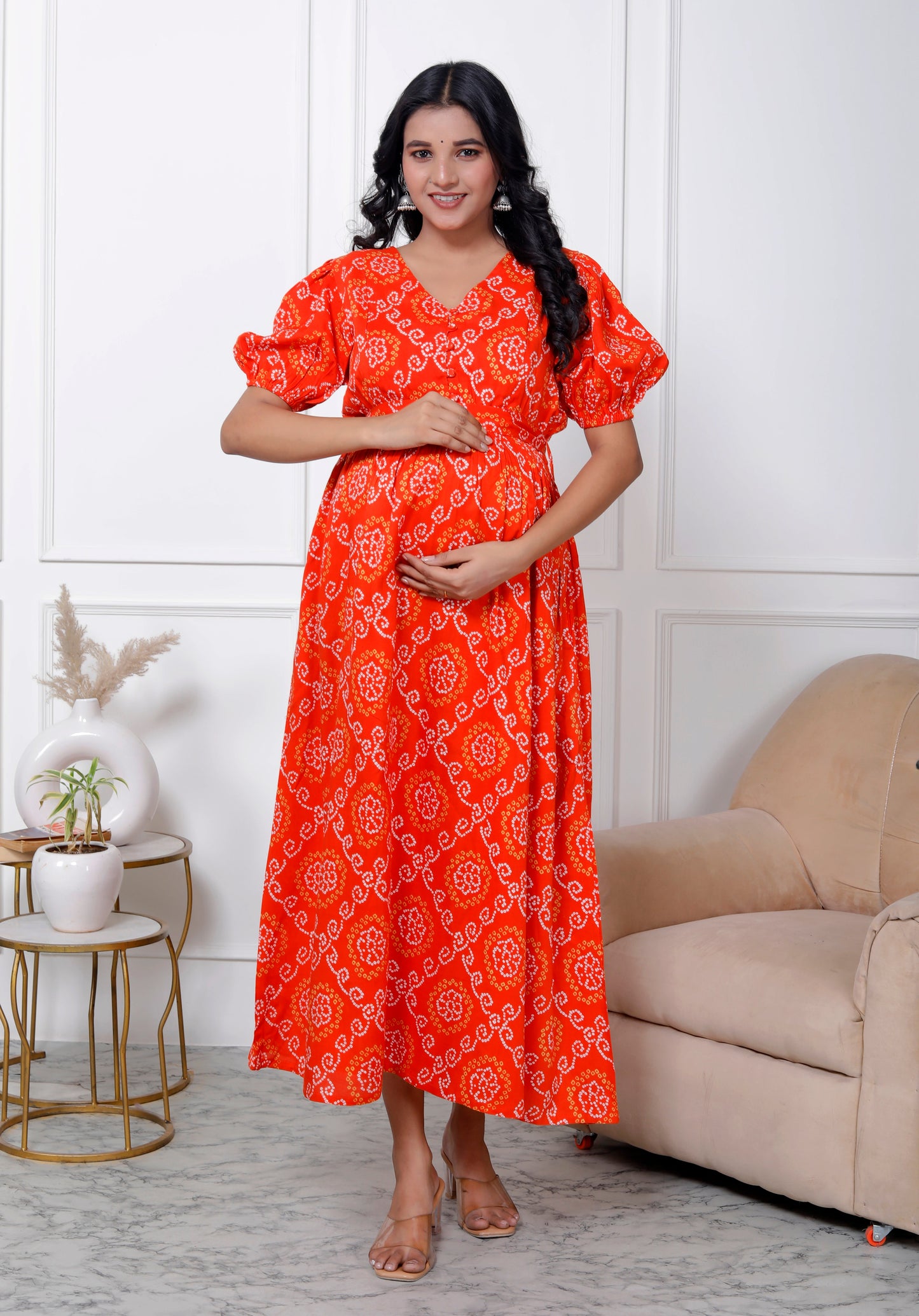 Regular Size Orange Bandhani Print Flared Maternity Gown-1400006