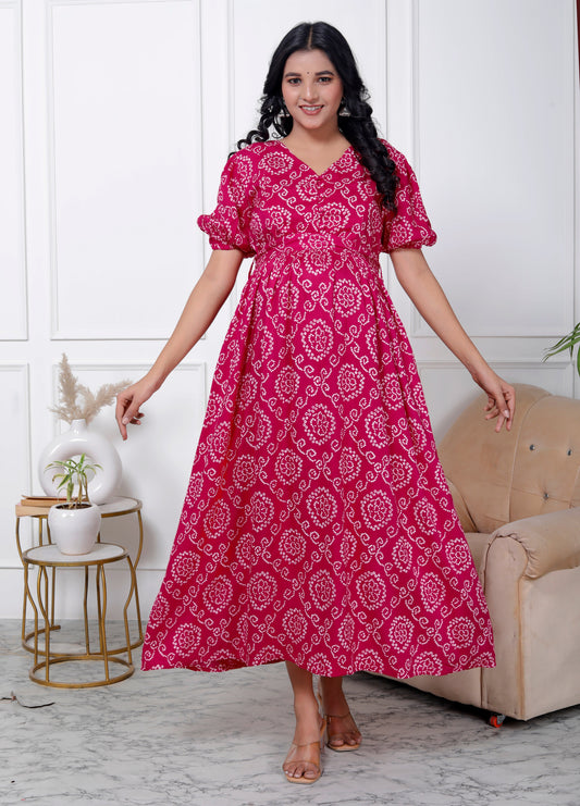 Regular Size Pink Bandhani Print Flared Maternity Gown-1400007