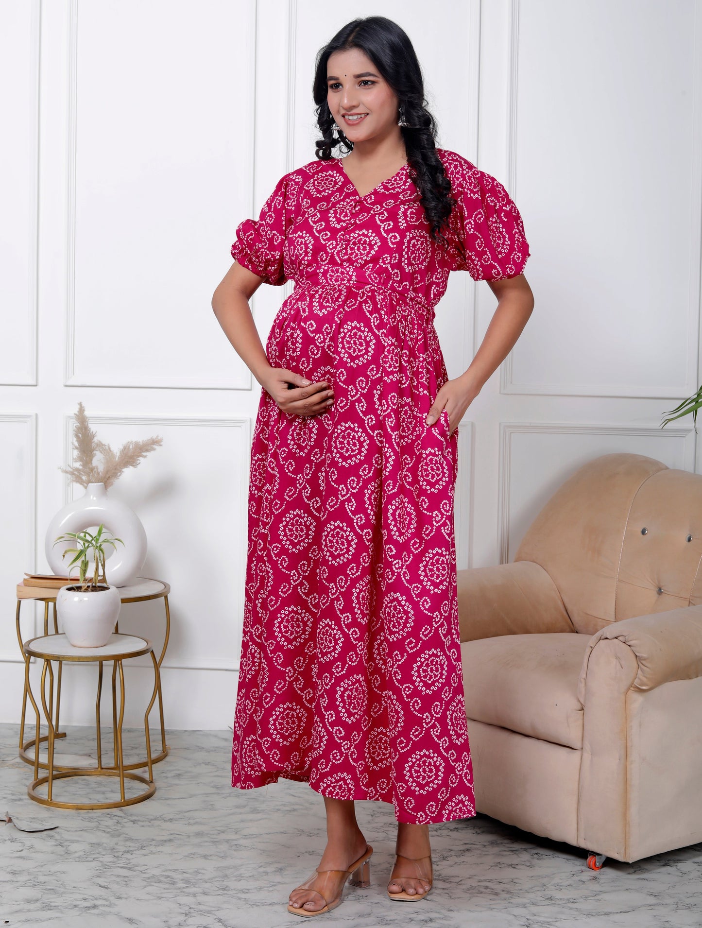 Regular Size Pink Bandhani Print Flared Maternity Gown-1400007