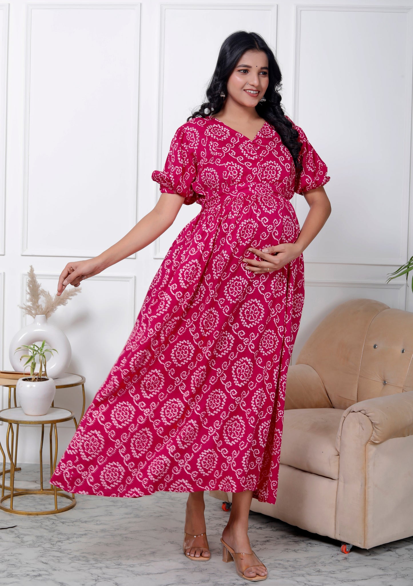 Regular Size Pink Bandhani Print Flared Maternity Gown-1400007