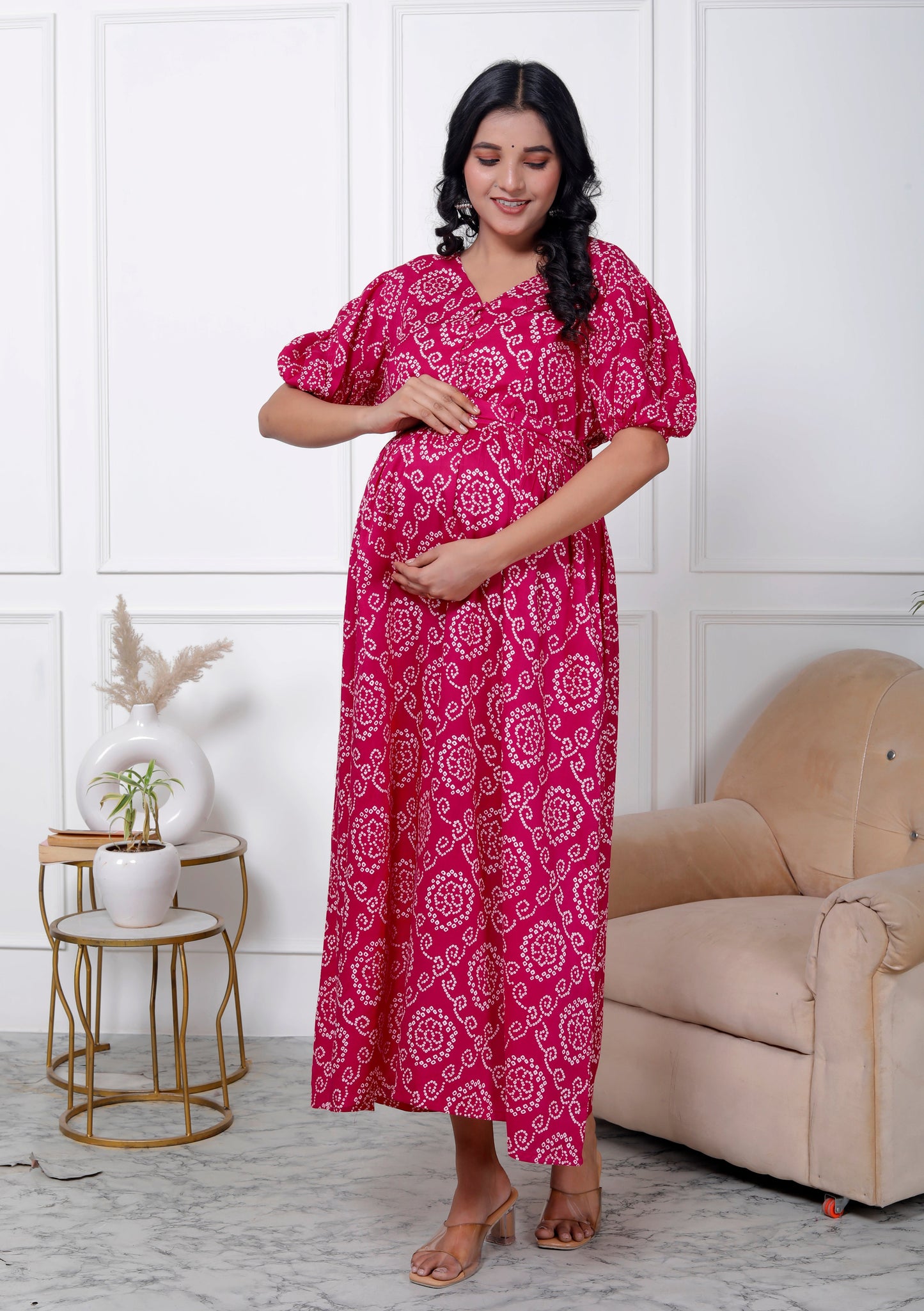 Regular Size Pink Bandhani Print Flared Maternity Gown-1400007