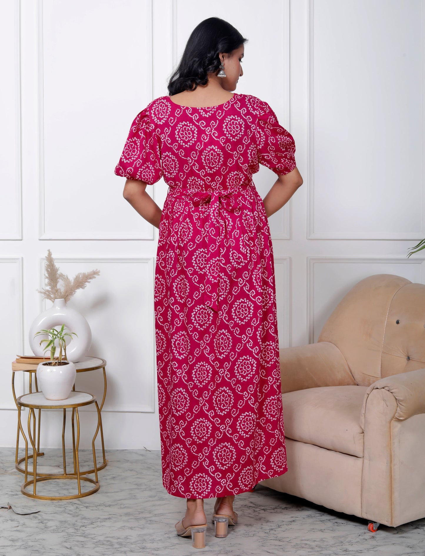 Regular Size Pink Bandhani Print Flared Maternity Gown-1400007