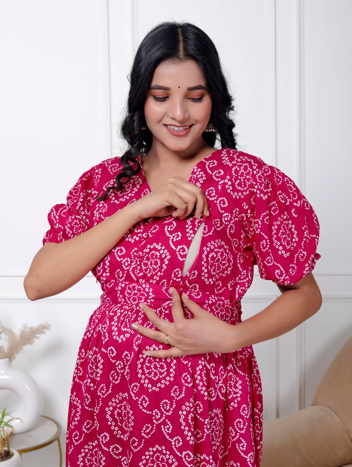 Regular Size Pink Bandhani Print Flared Maternity Gown-1400007