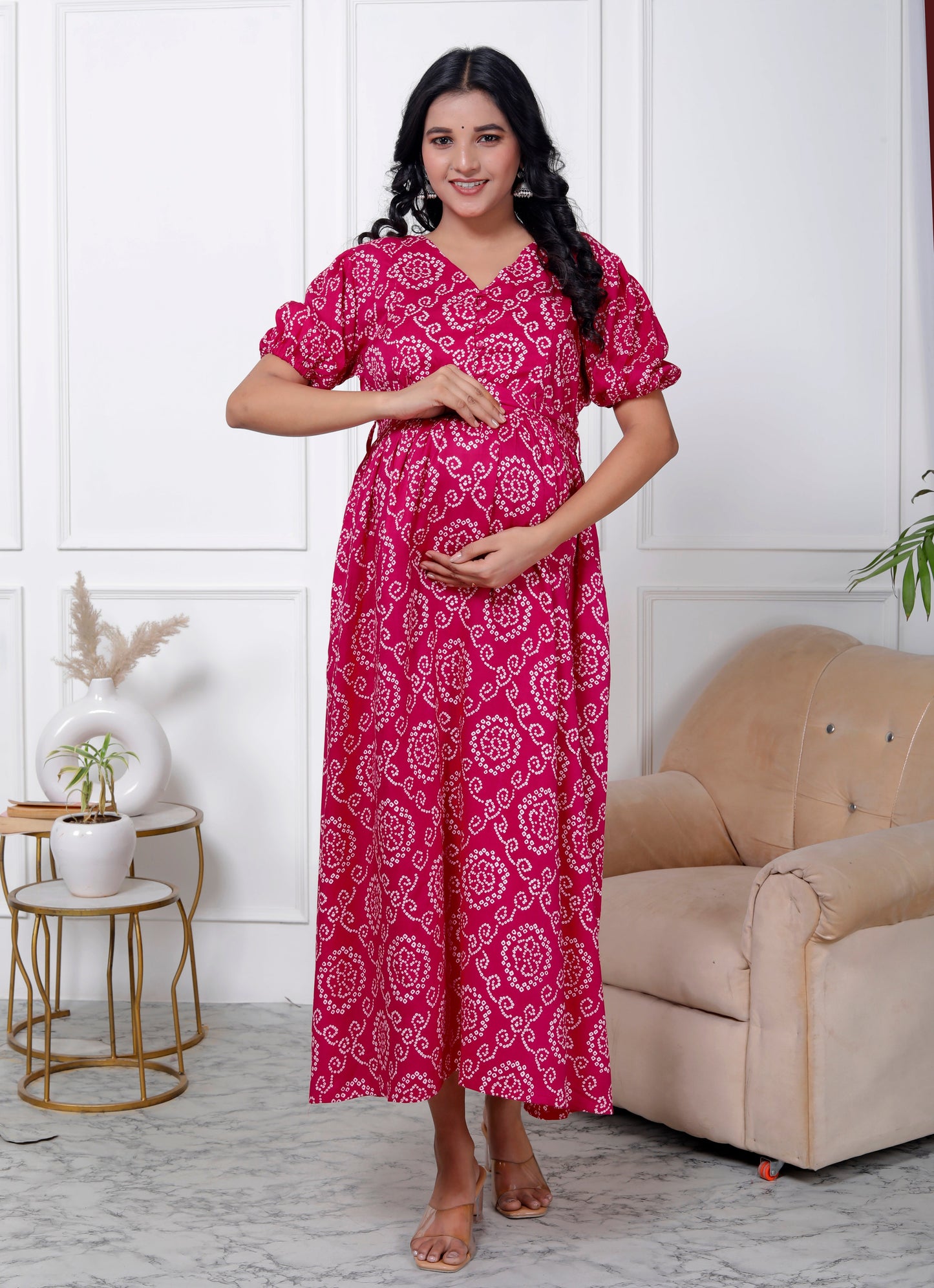 Regular Size Pink Bandhani Print Flared Maternity Gown-1400007