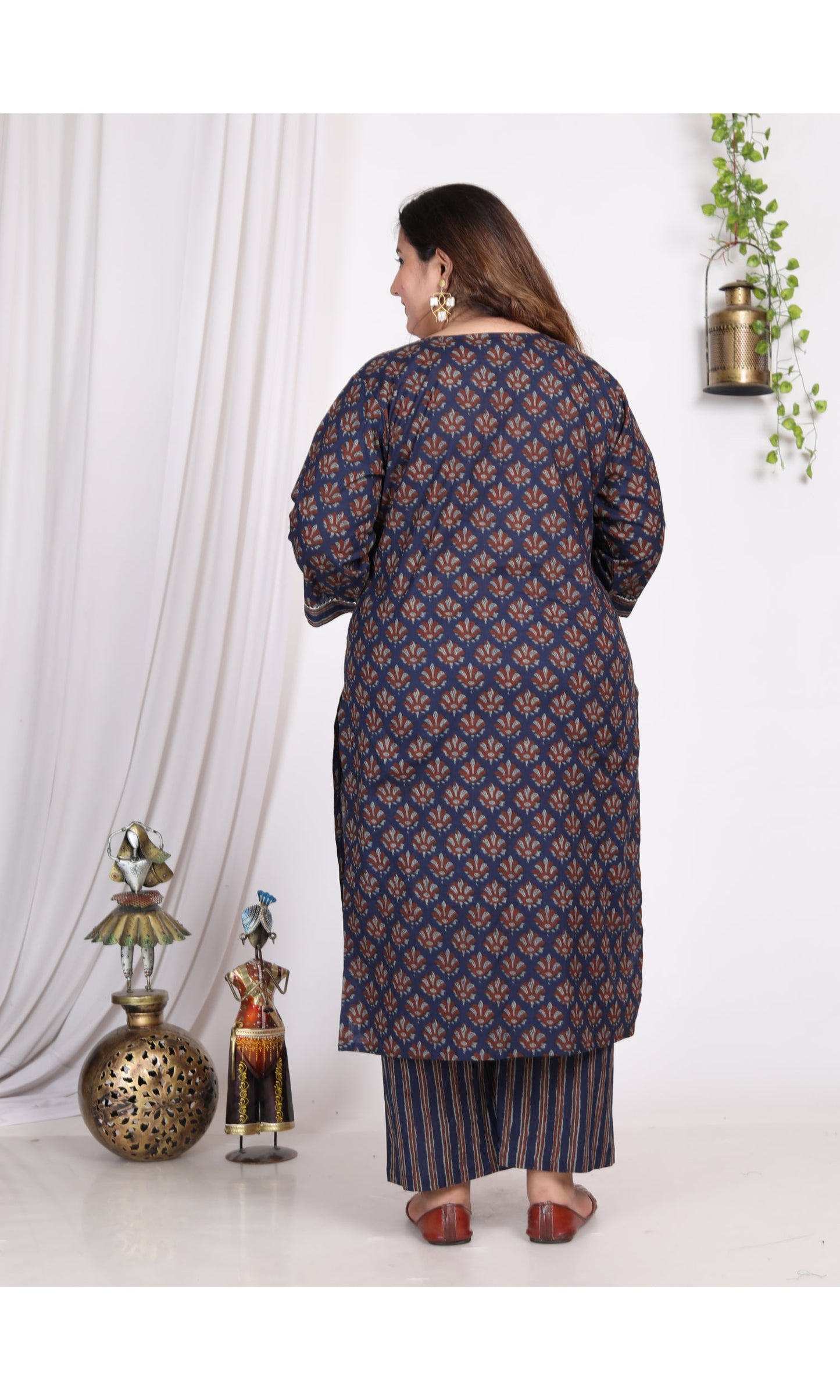 Plus Size Dark Blue Cotton Printed Kurta Pant Set with Dupatta-200005