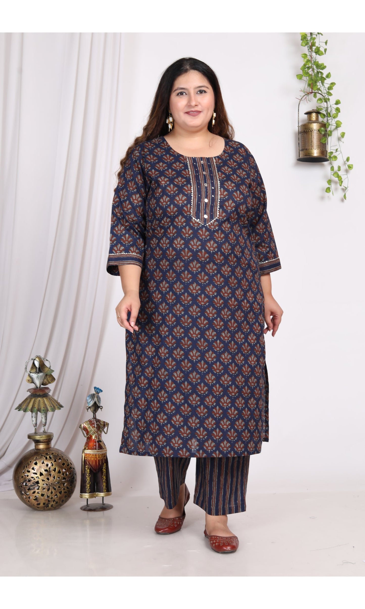 Plus Size Dark Blue Cotton Printed Kurta Pant Set with Dupatta-200005