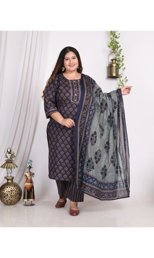 Plus Size Dark Blue Cotton Printed Kurta Pant Set with Dupatta-200005