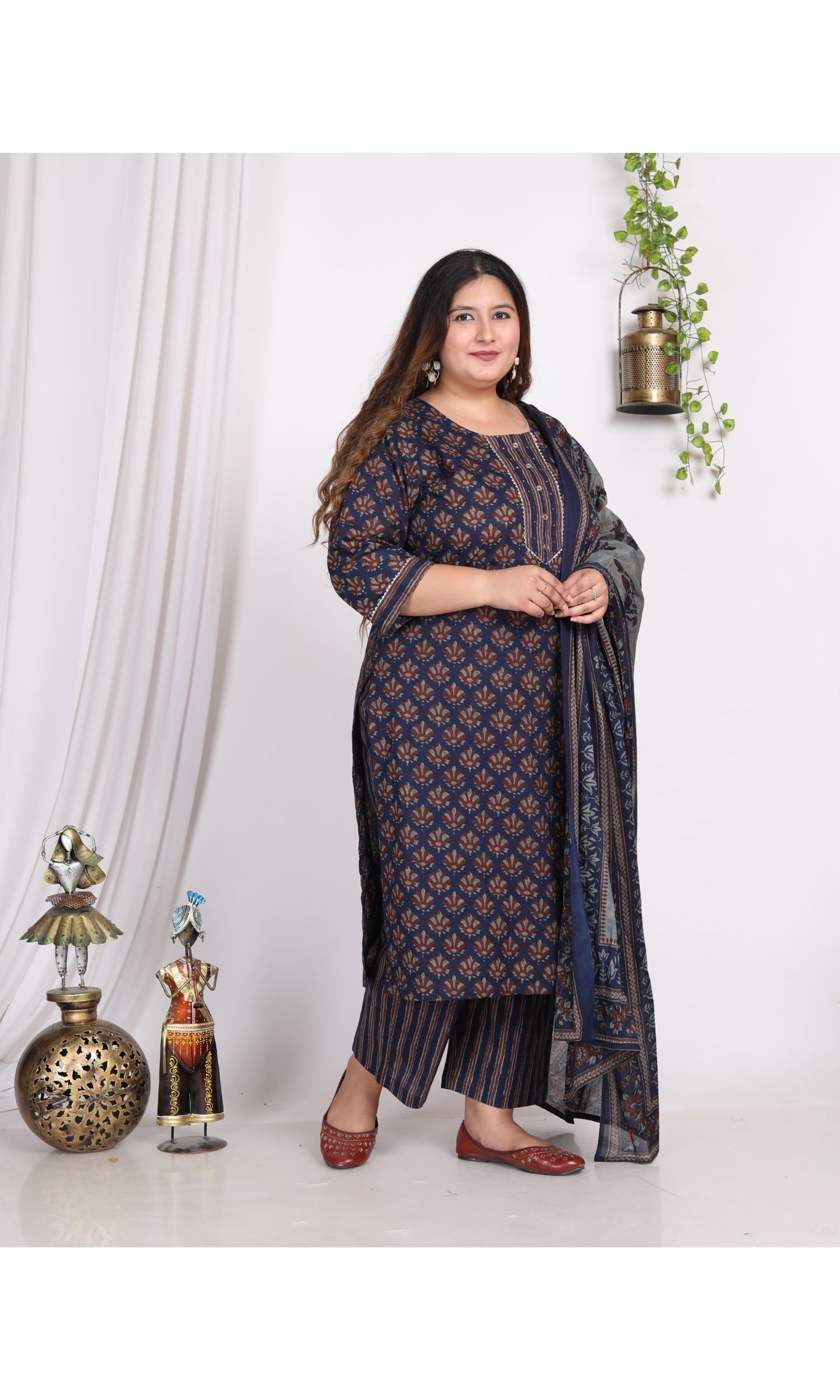 Plus Size Dark Blue Cotton Printed Kurta Pant Set with Dupatta-200005