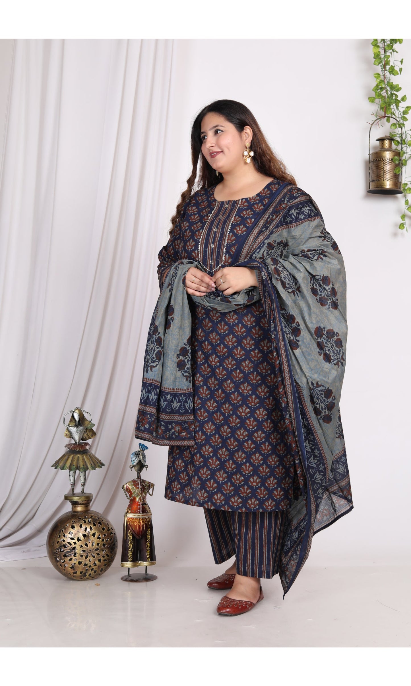 Plus Size Dark Blue Cotton Printed Kurta Pant Set with Dupatta-200005