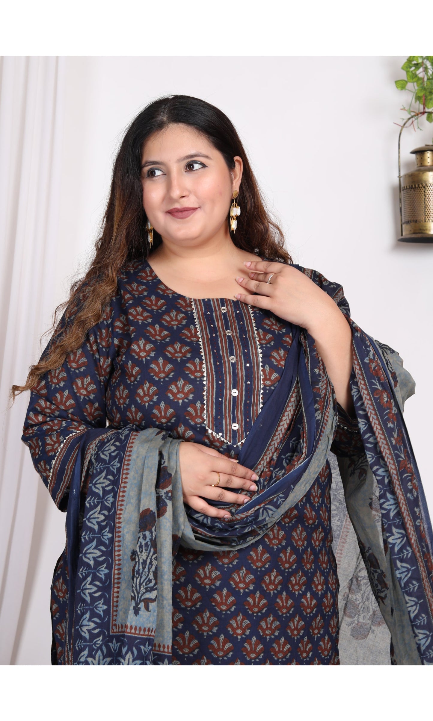 Plus Size Dark Blue Cotton Printed Kurta Pant Set with Dupatta-200005