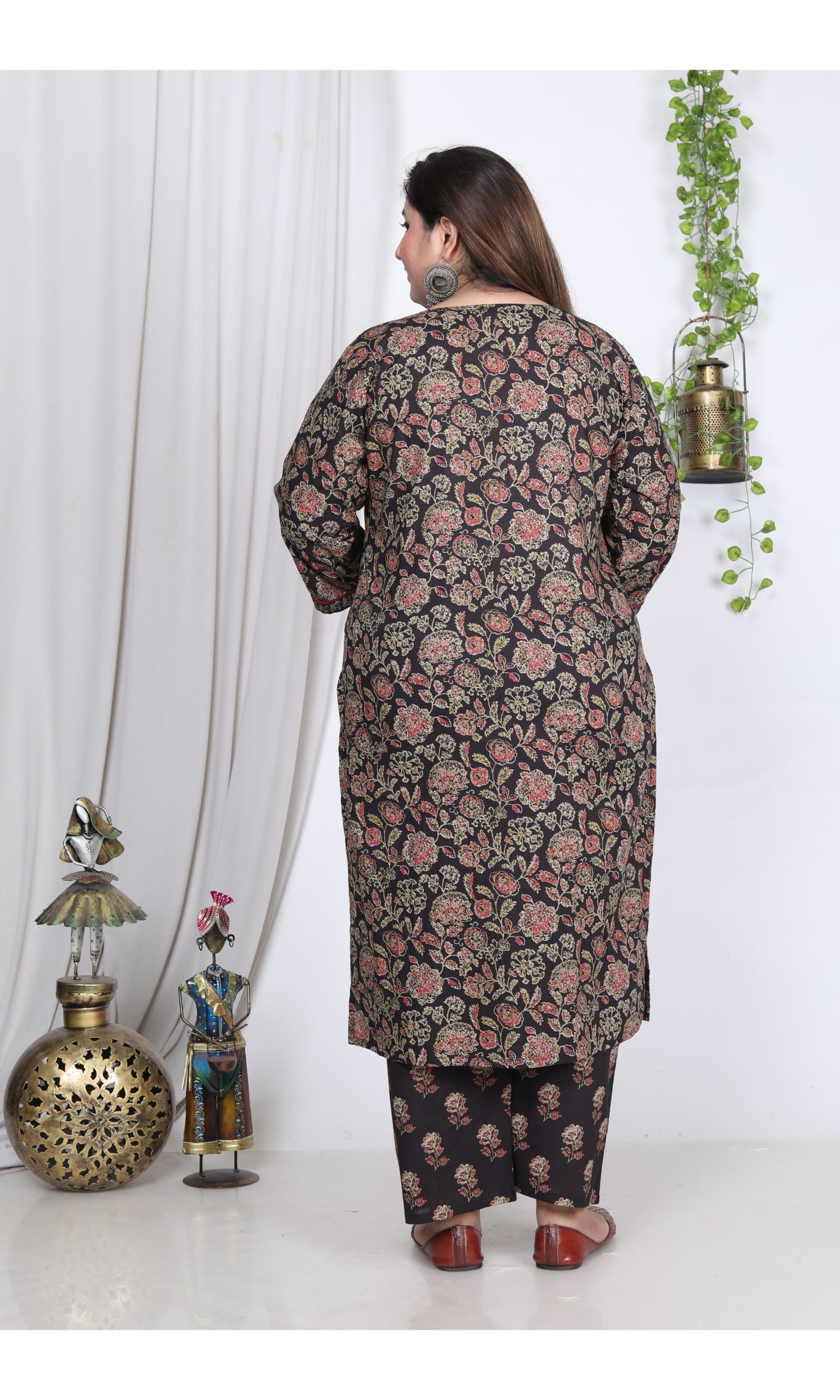 Plus Size Black Cotton Printed Kurta Pant Set with Dupatta-200002