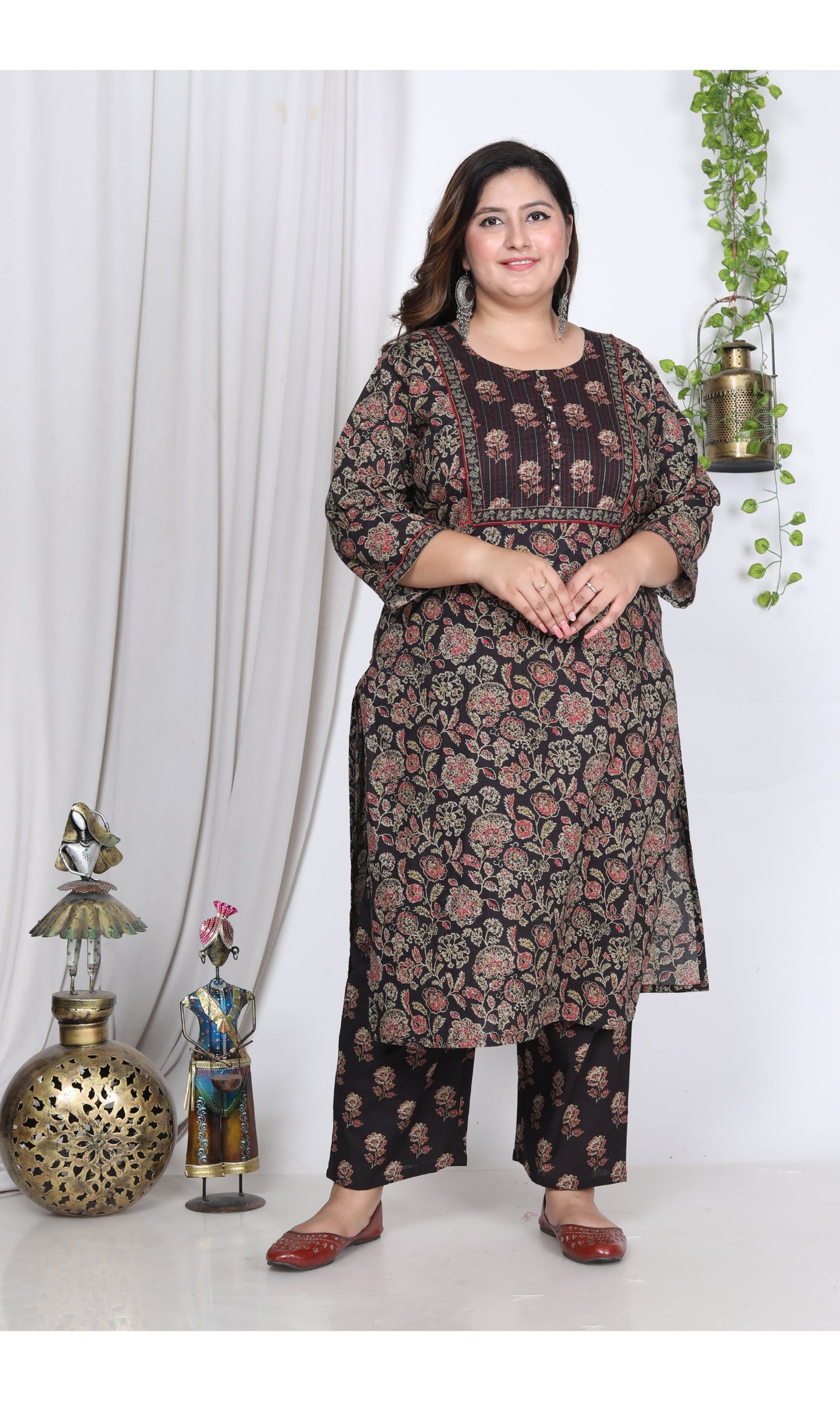 Plus Size Black Cotton Printed Kurta Pant Set with Dupatta-200002