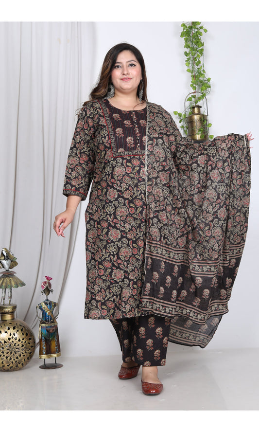 Plus Size Black Cotton Printed Kurta Pant Set with Dupatta-200002