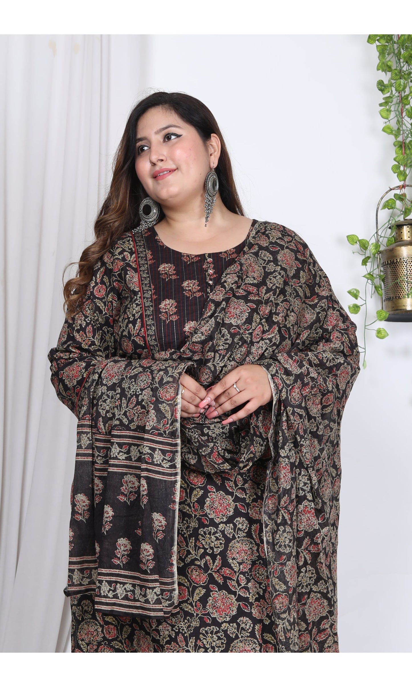 Plus Size Black Cotton Printed Kurta Pant Set with Dupatta-200002