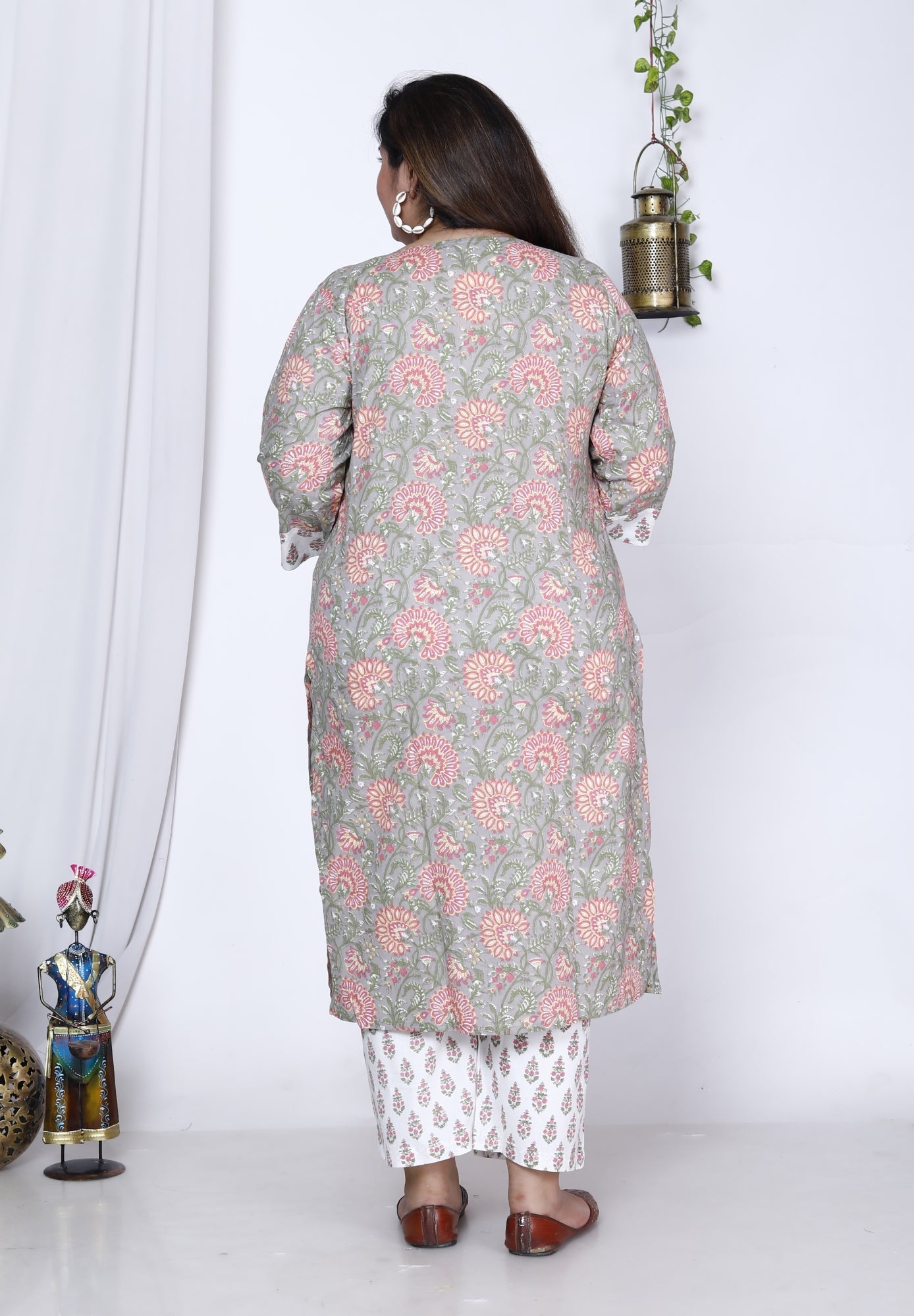 Plus Size Grey Cotton Printed Kurta Pant Set with Dupatta-200004