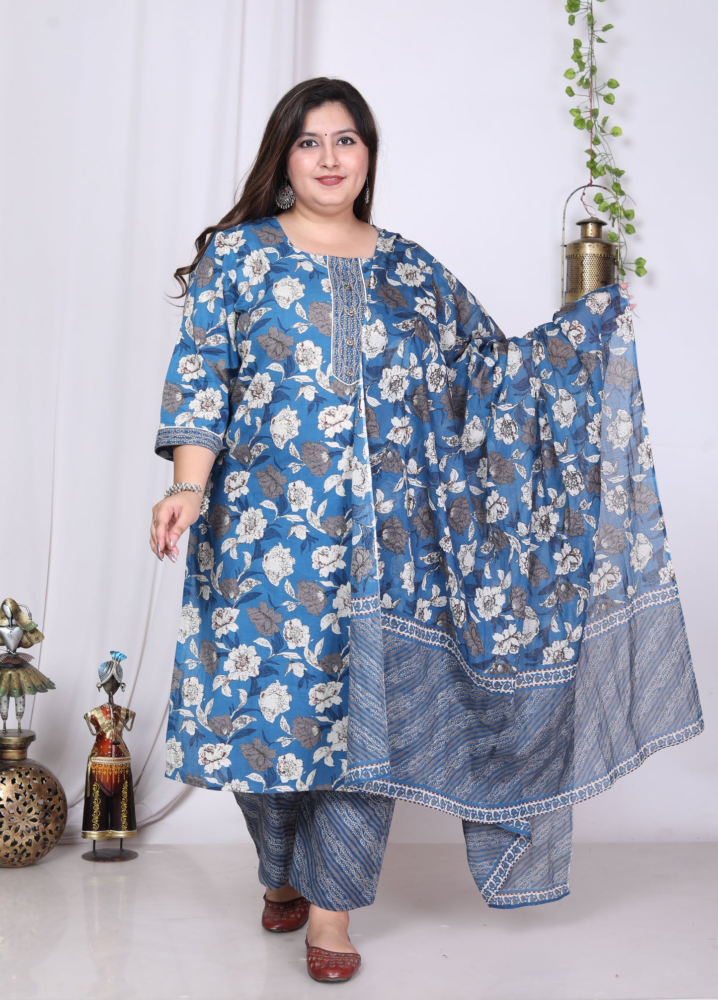 Plus Size Blue Cotton Printed Kurta Pant Set with Dupatta-200010