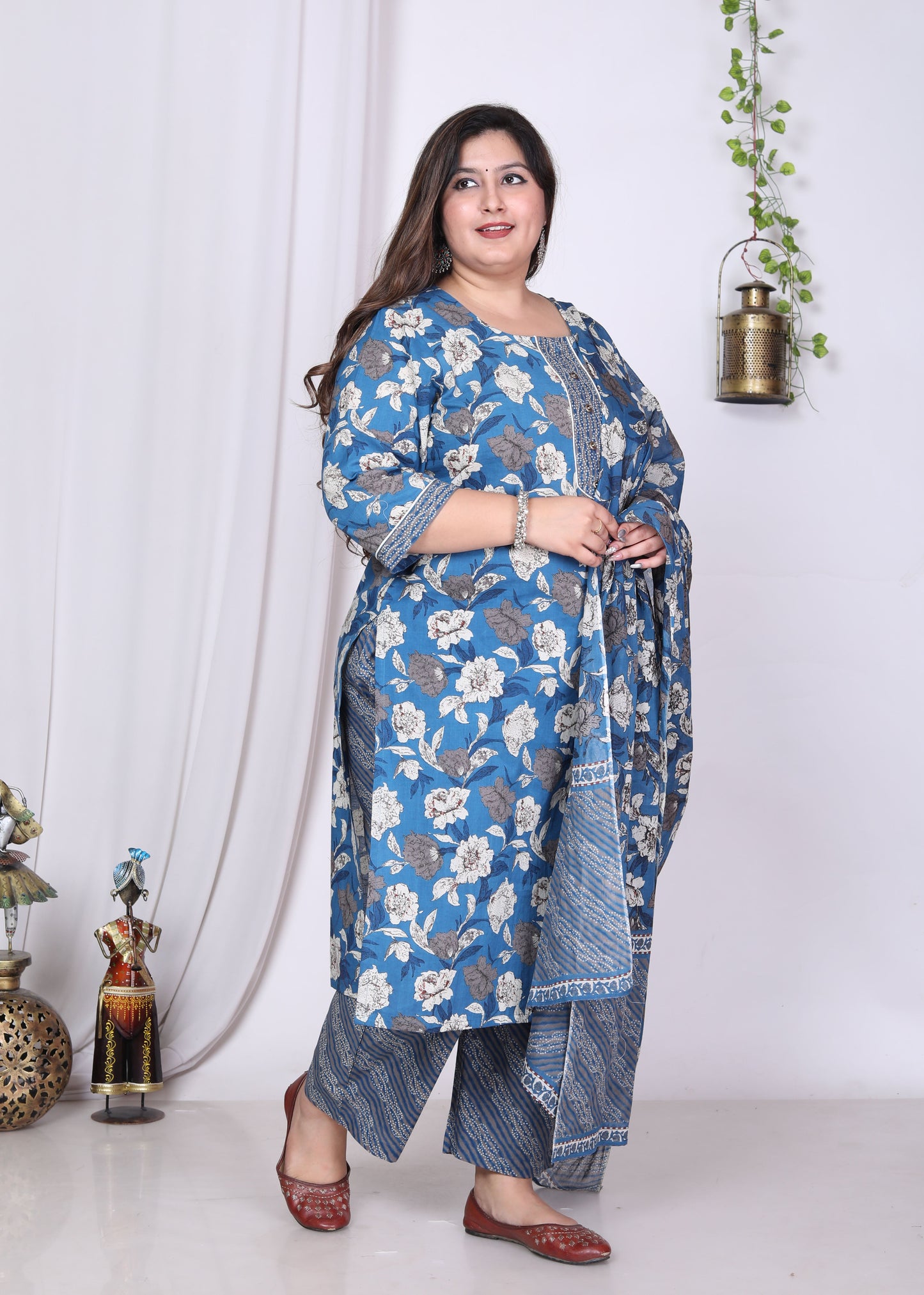 Plus Size Blue Cotton Printed Kurta Pant Set with Dupatta-200010