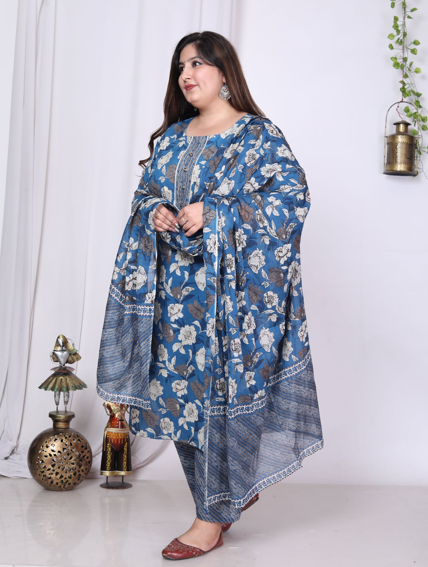 Plus Size Blue Cotton Printed Kurta Pant Set with Dupatta-200010