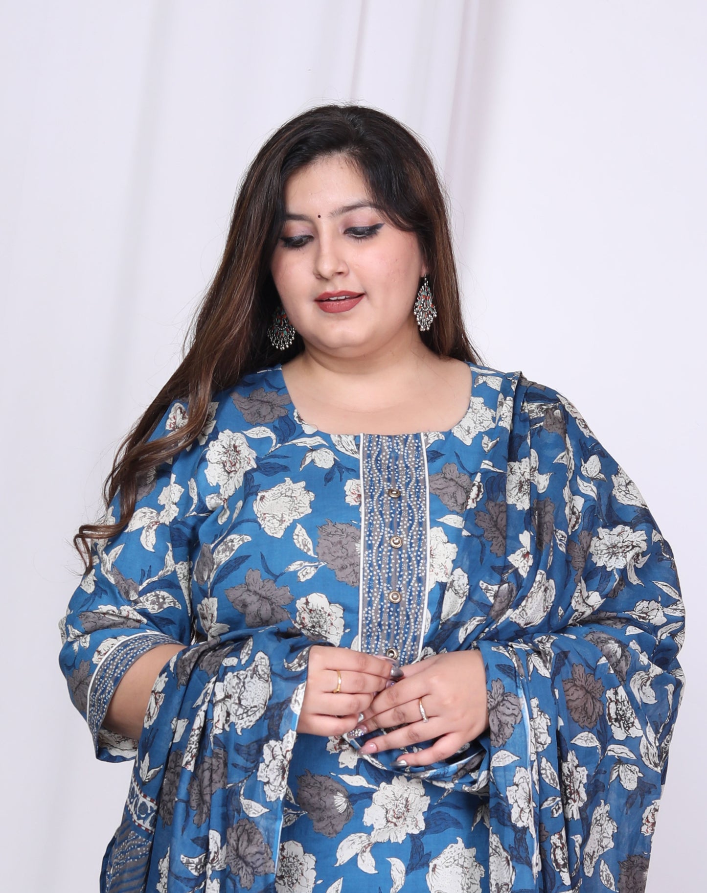 Plus Size Blue Cotton Printed Kurta Pant Set with Dupatta-200010