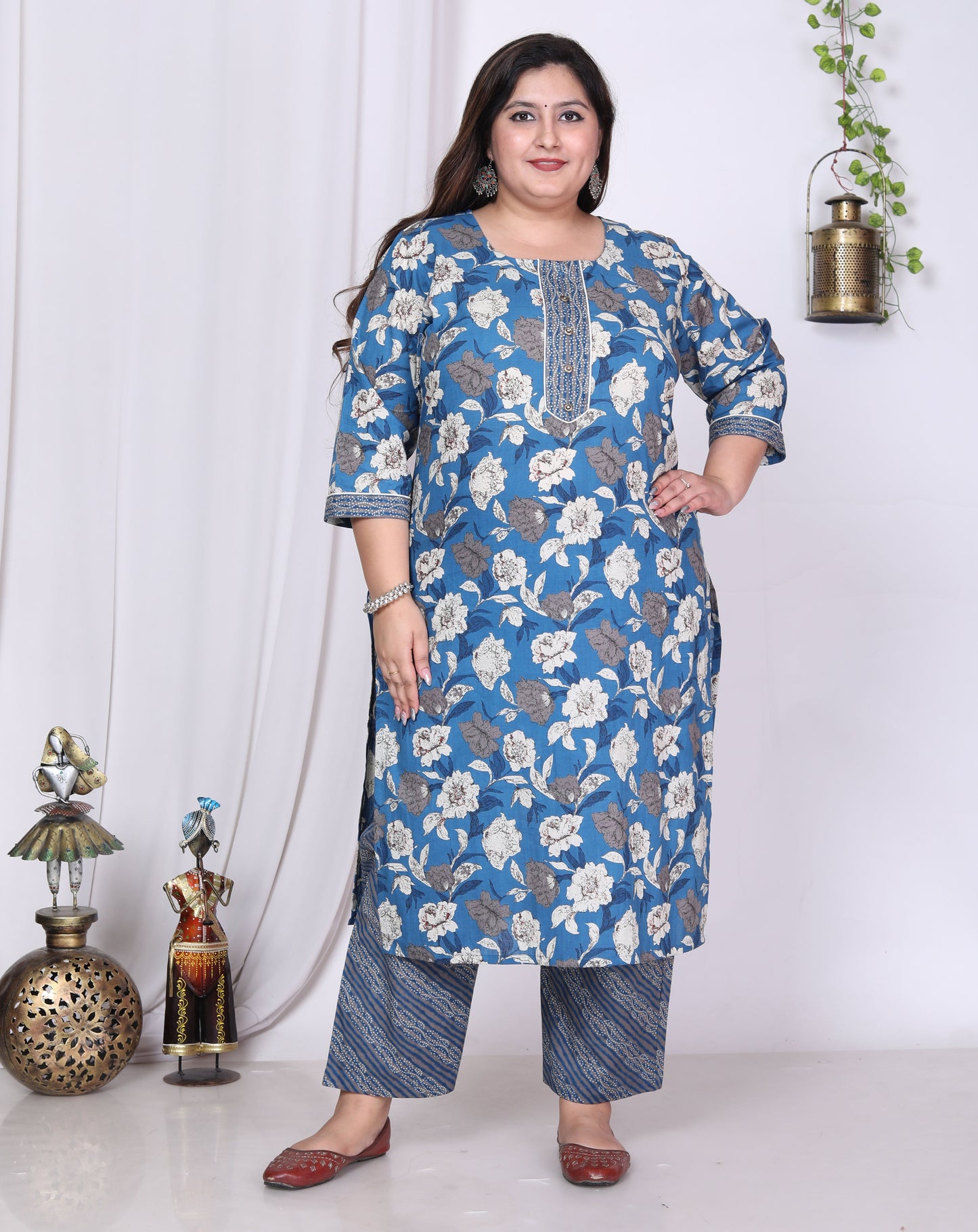 Plus Size Blue Cotton Printed Kurta Pant Set with Dupatta-200010