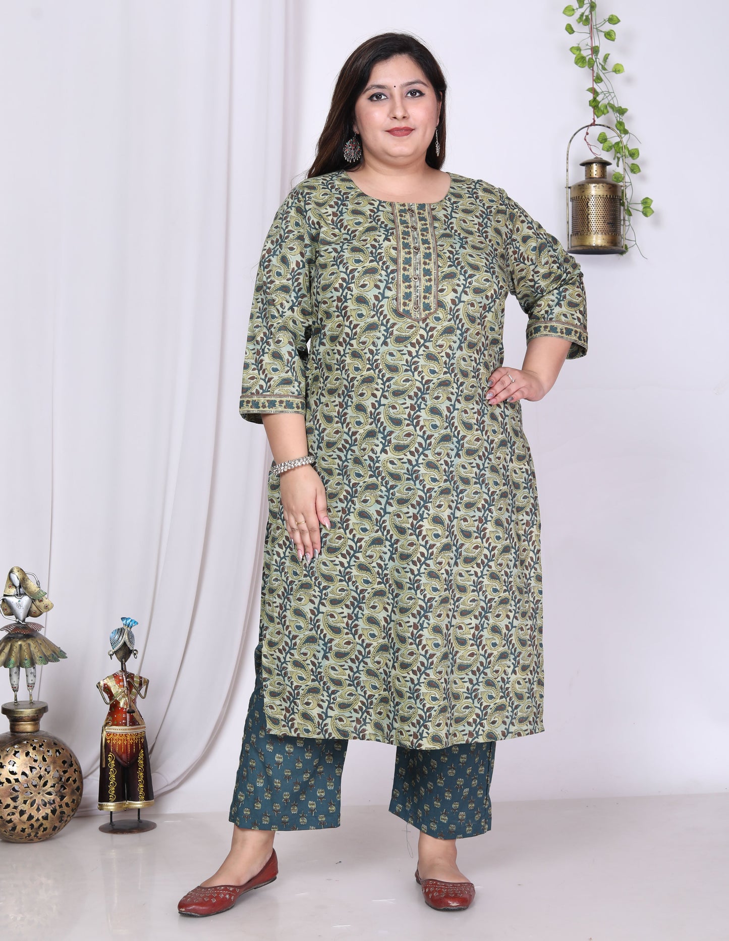 Plus Size Green Cotton Printed Kurta Pant Set with Dupatta-200012