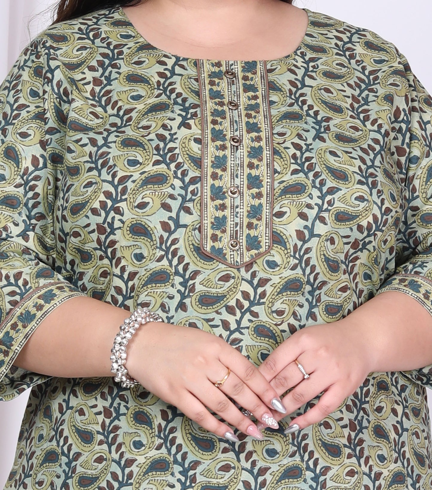 Plus Size Green Cotton Printed Kurta Pant Set with Dupatta-200012