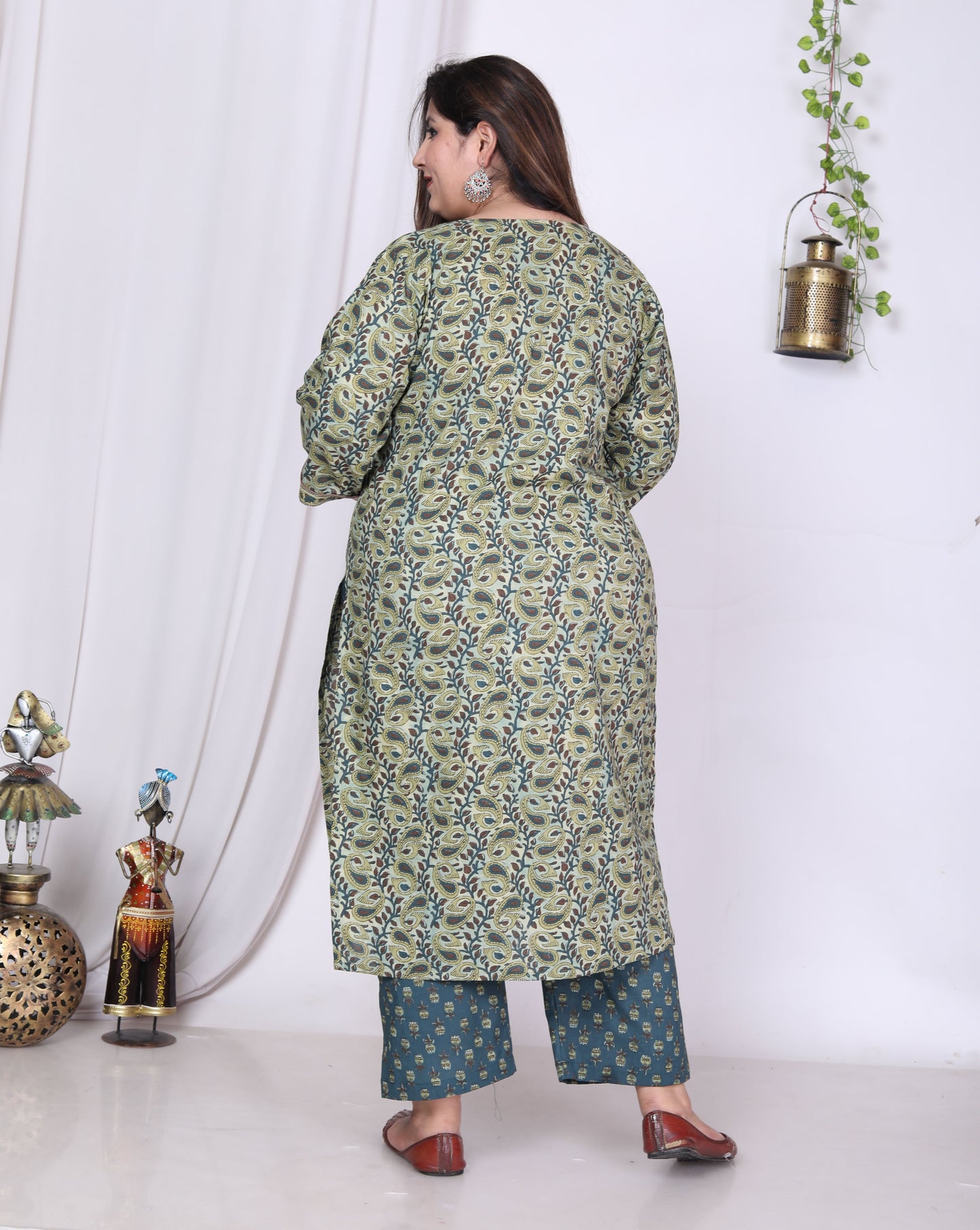 Plus Size Green Cotton Printed Kurta Pant Set with Dupatta-200012