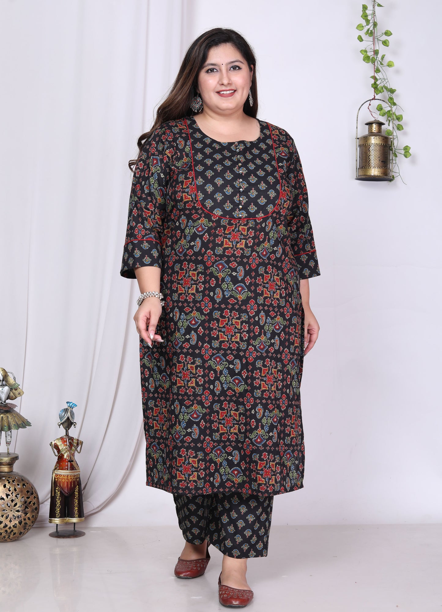 Plus Size Black Cotton Printed Kurta Pant Set with Dupatta-200013