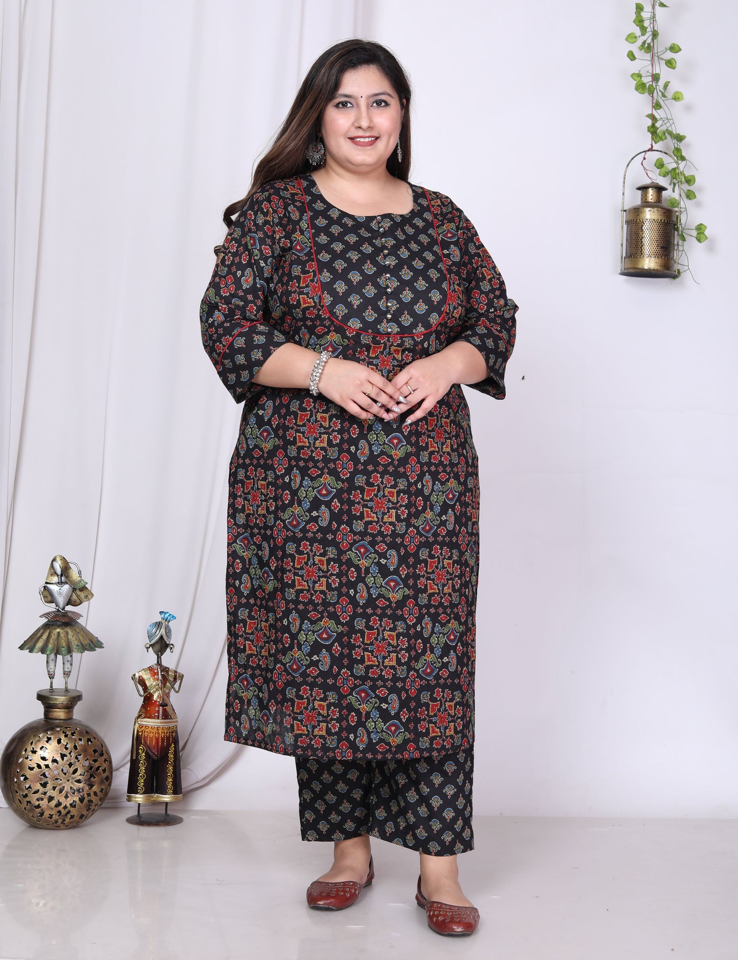 Plus Size Black Cotton Printed Kurta Pant Set with Dupatta-200013