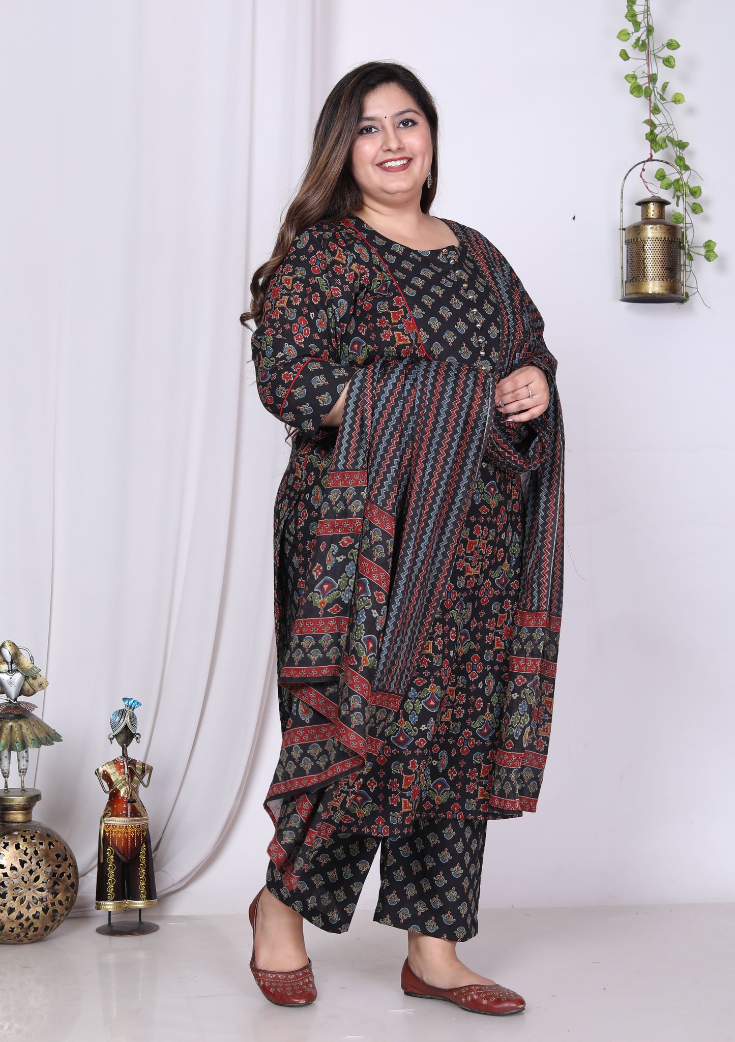 Plus Size Black Cotton Printed Kurta Pant Set with Dupatta-200013