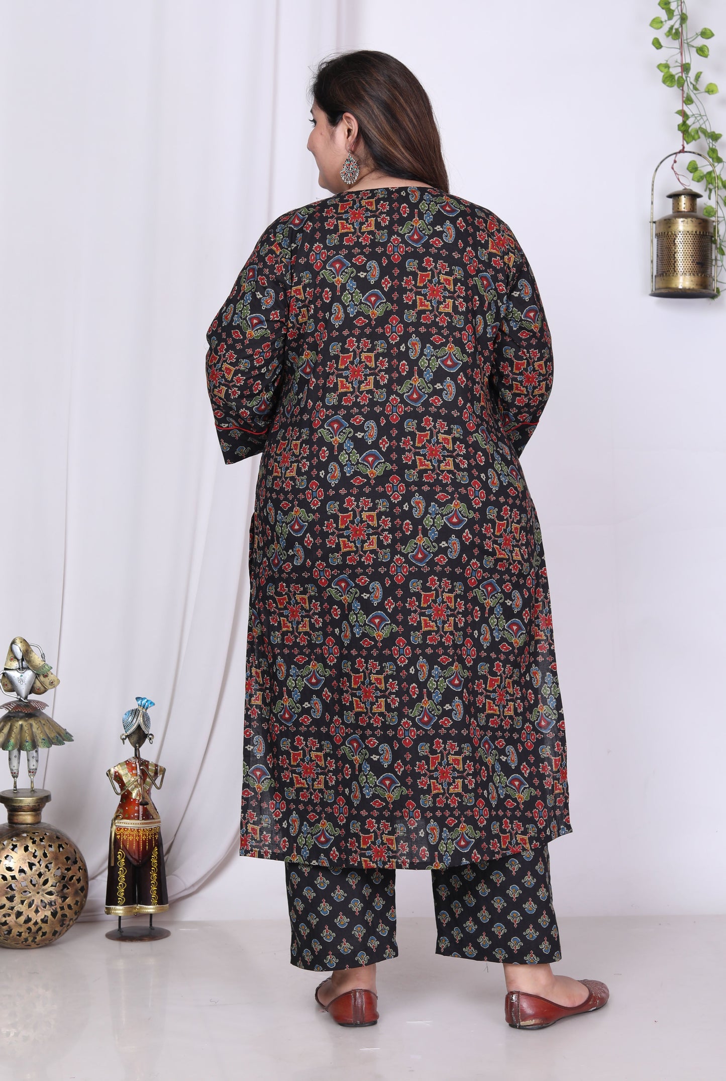 Plus Size Black Cotton Printed Kurta Pant Set with Dupatta-200013