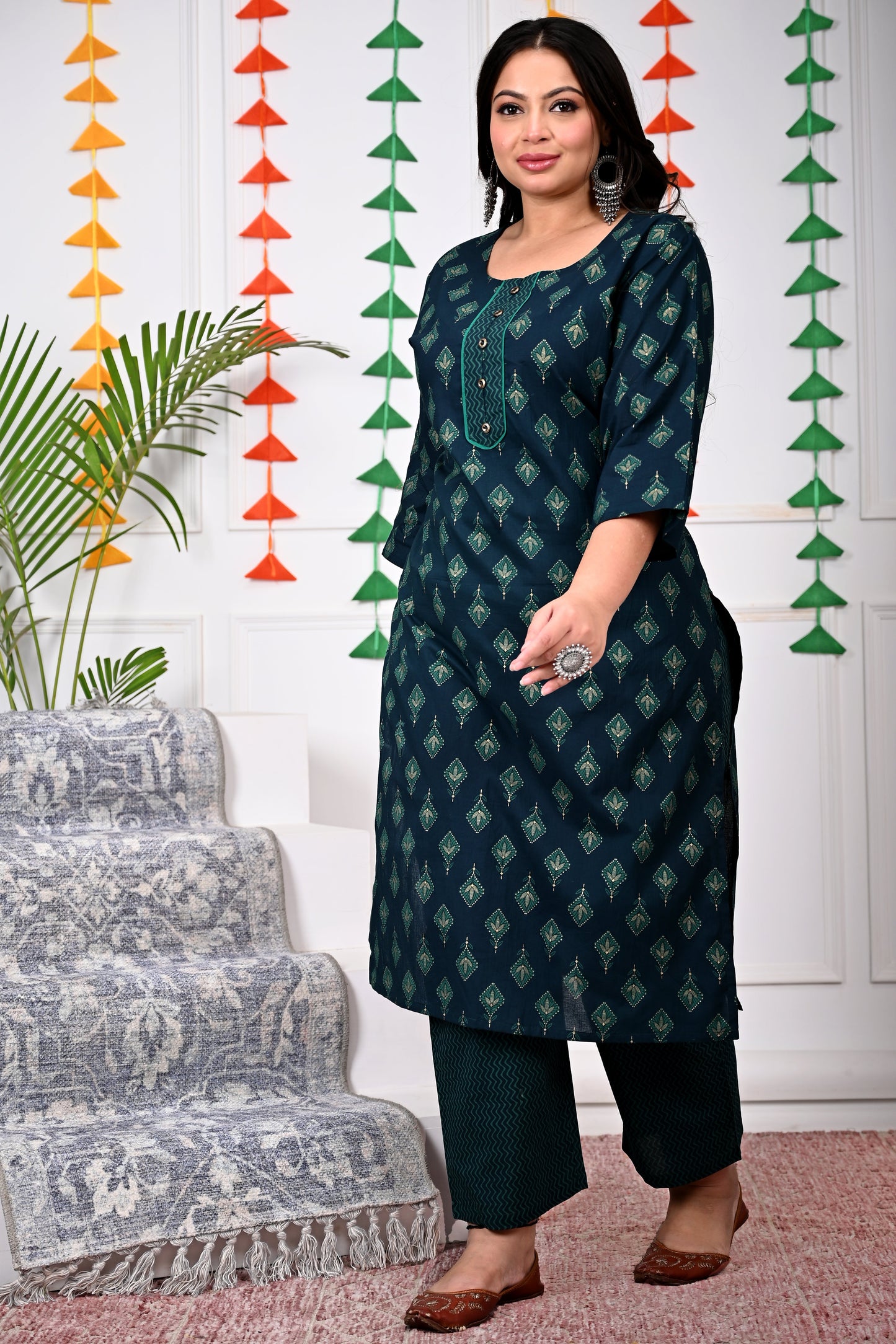 Plus Size Bottle Green Cotton Printed Kurta Pant Set with Dupatta-200018