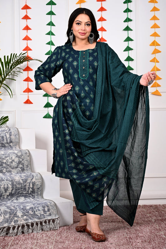 Plus Size Bottle Green Cotton Printed Kurta Pant Set with Dupatta-200018